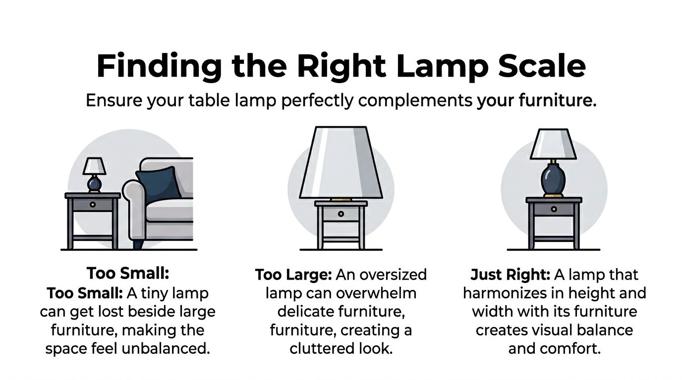 A graphic illustration comparing three table lamp sizes to demonstrate proper scaling with furniture pieces.