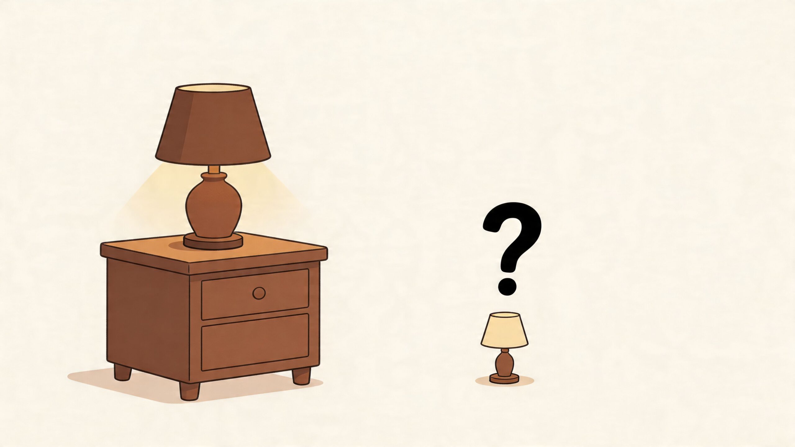 A large lit lamp on a wooden nightstand next to a tiny miniature lamp with a question mark.