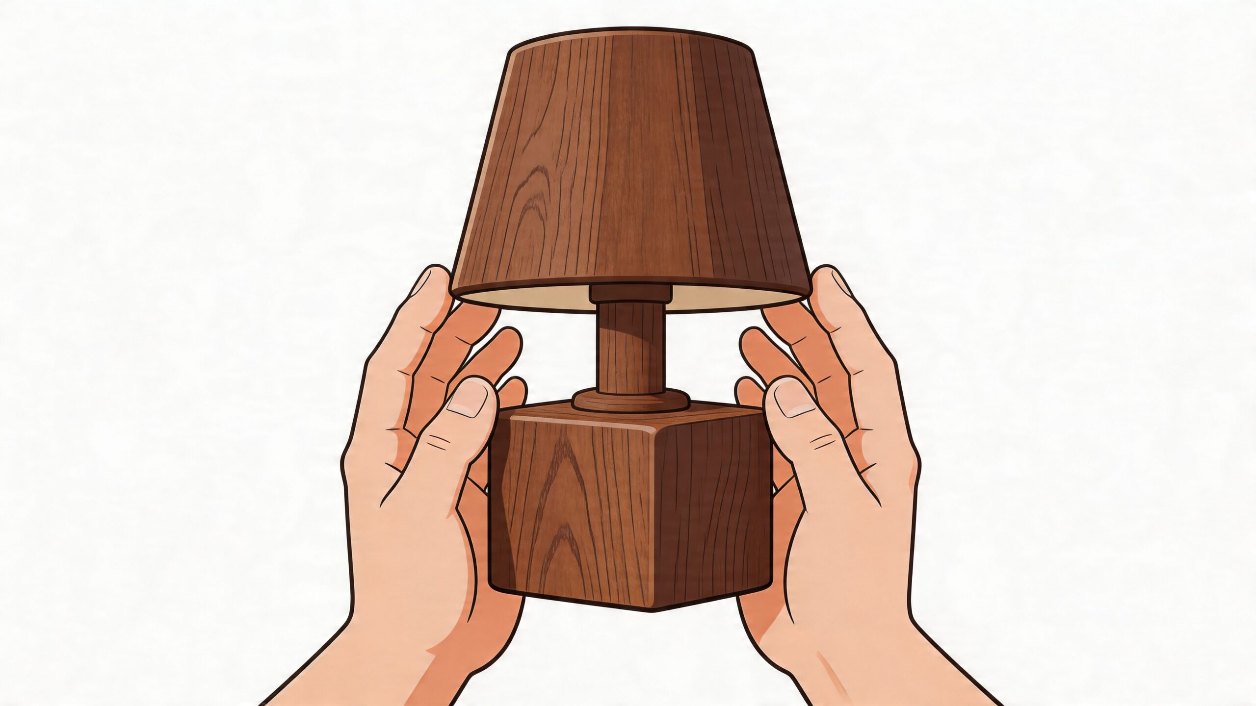 A pair of hands gently holding a small decorative wooden table lamp against a white background.