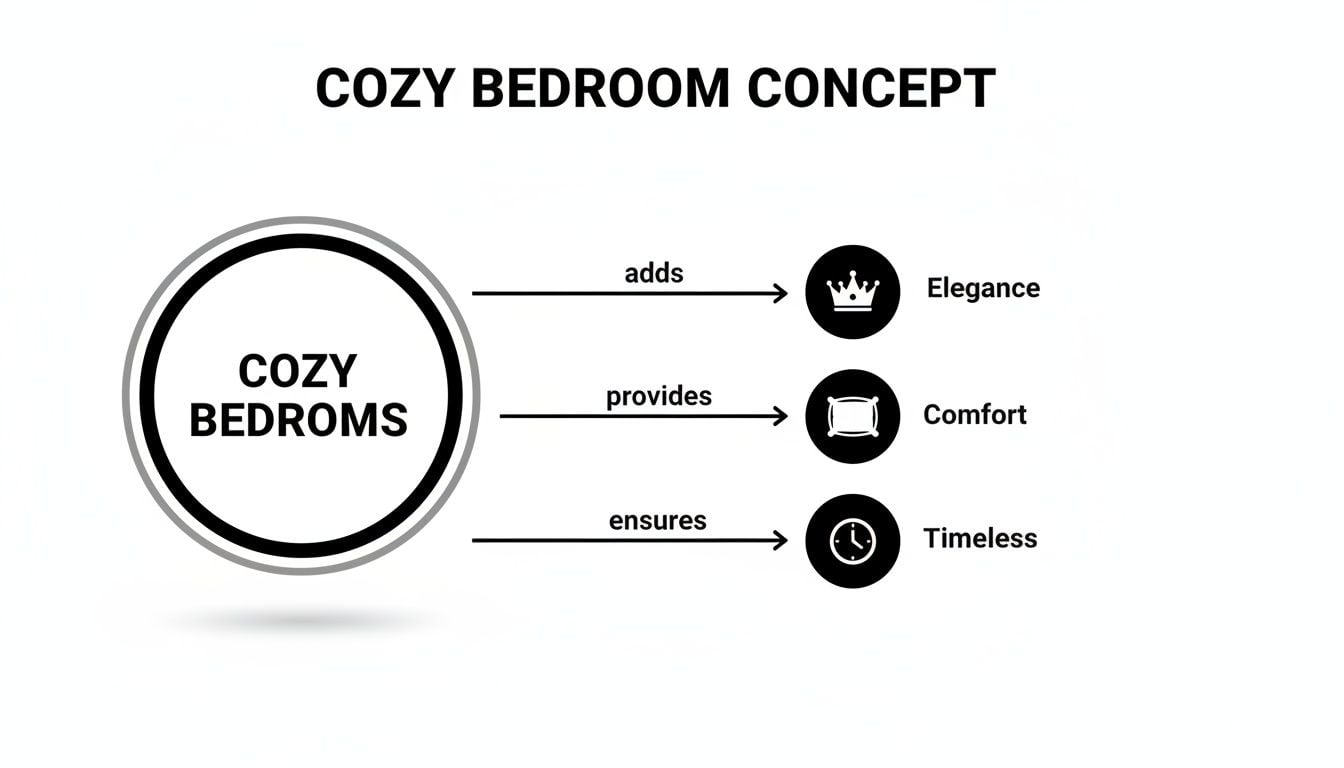 Diagram illustrating the Cozy Bedroom Concept, highlighting elegance, comfort, and timelessness.