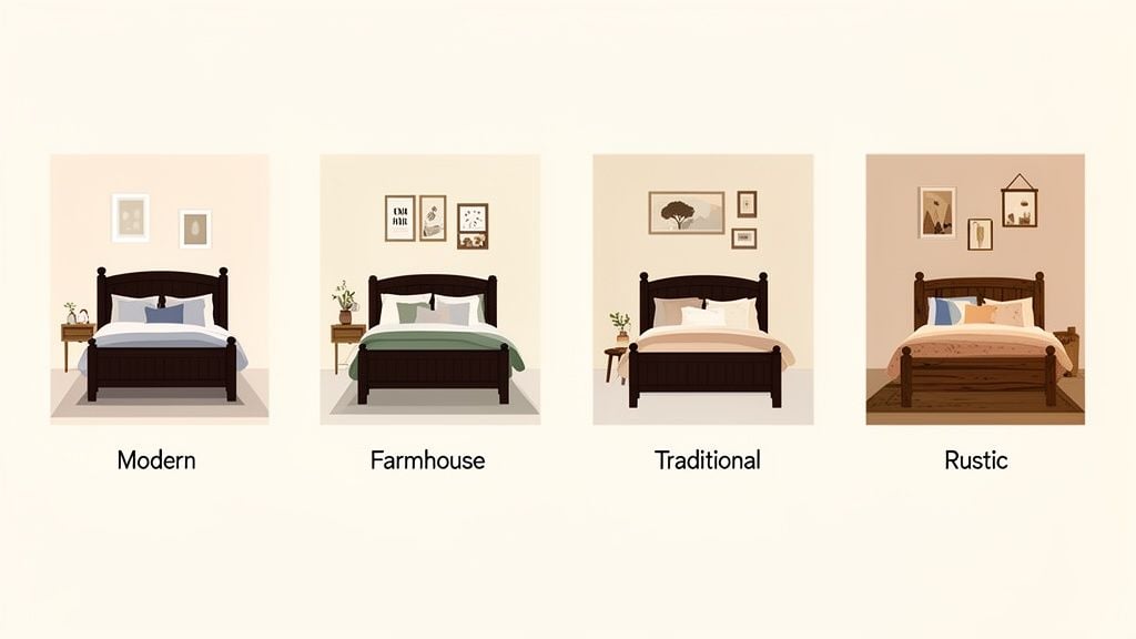 Four distinct bedroom styles: Modern, Farmhouse, Traditional, and Rustic, all featuring dark wooden bed frames.