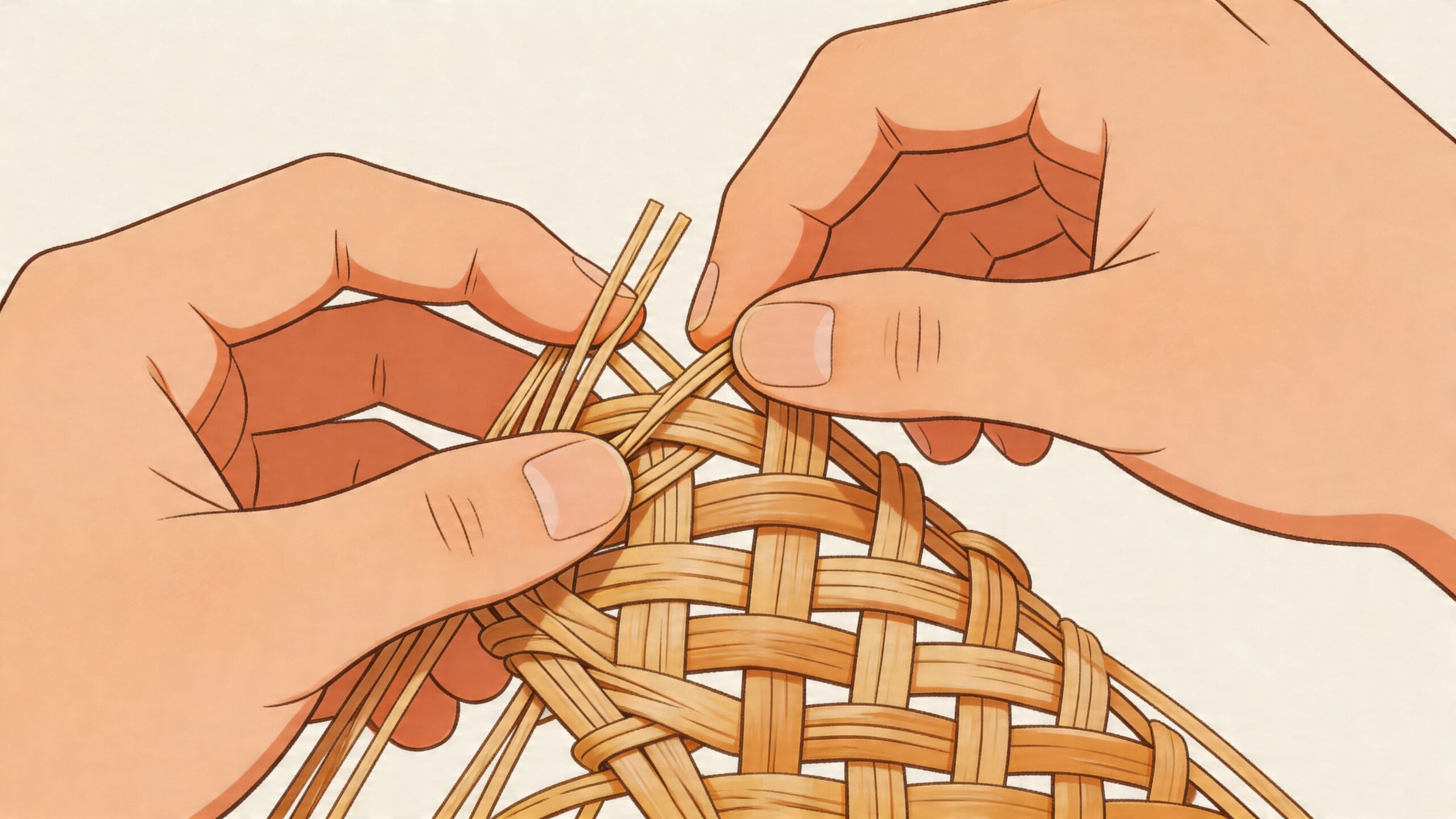 Close-up of human hands expertly weaving thin strips of natural material to create a wicker basket.
