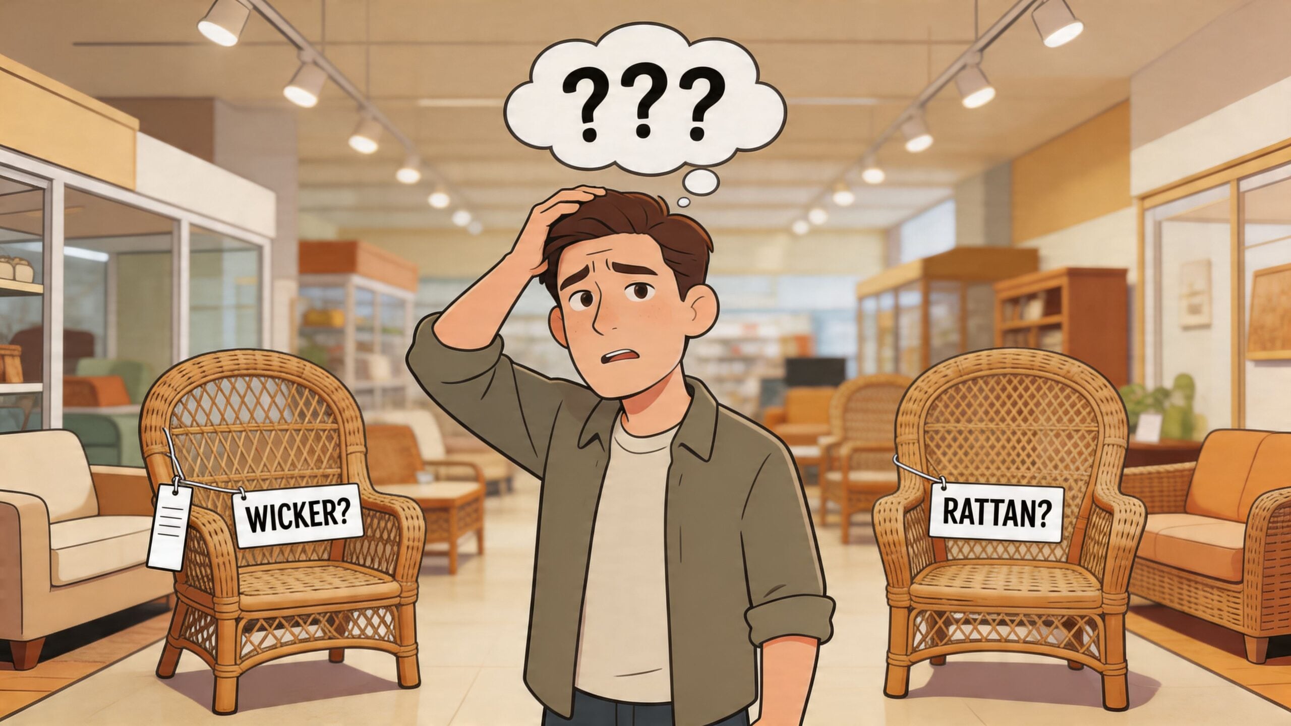 A confused person standing in a furniture store between two chairs labeled Wicker and Rattan.