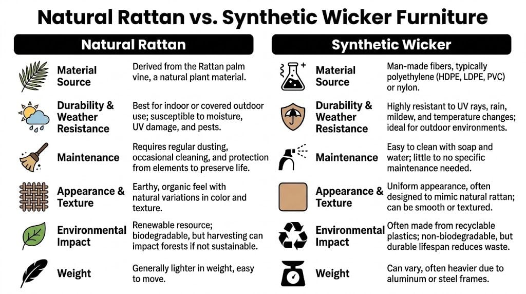 A comparison chart outlining the key differences between natural rattan and synthetic wicker furniture features.