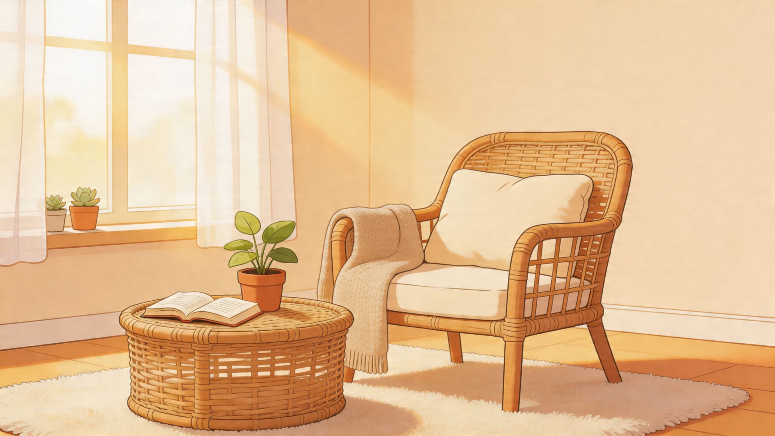 A cozy rattan chair with a soft throw blanket next to a round wicker table and window.