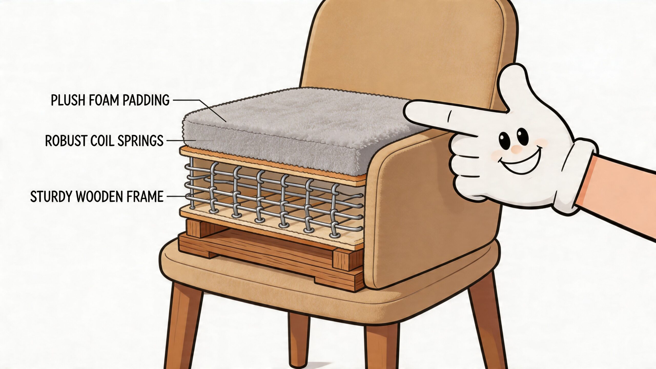 A cutaway diagram of a dining chair showing the foam padding, coil springs, and wooden frame construction.