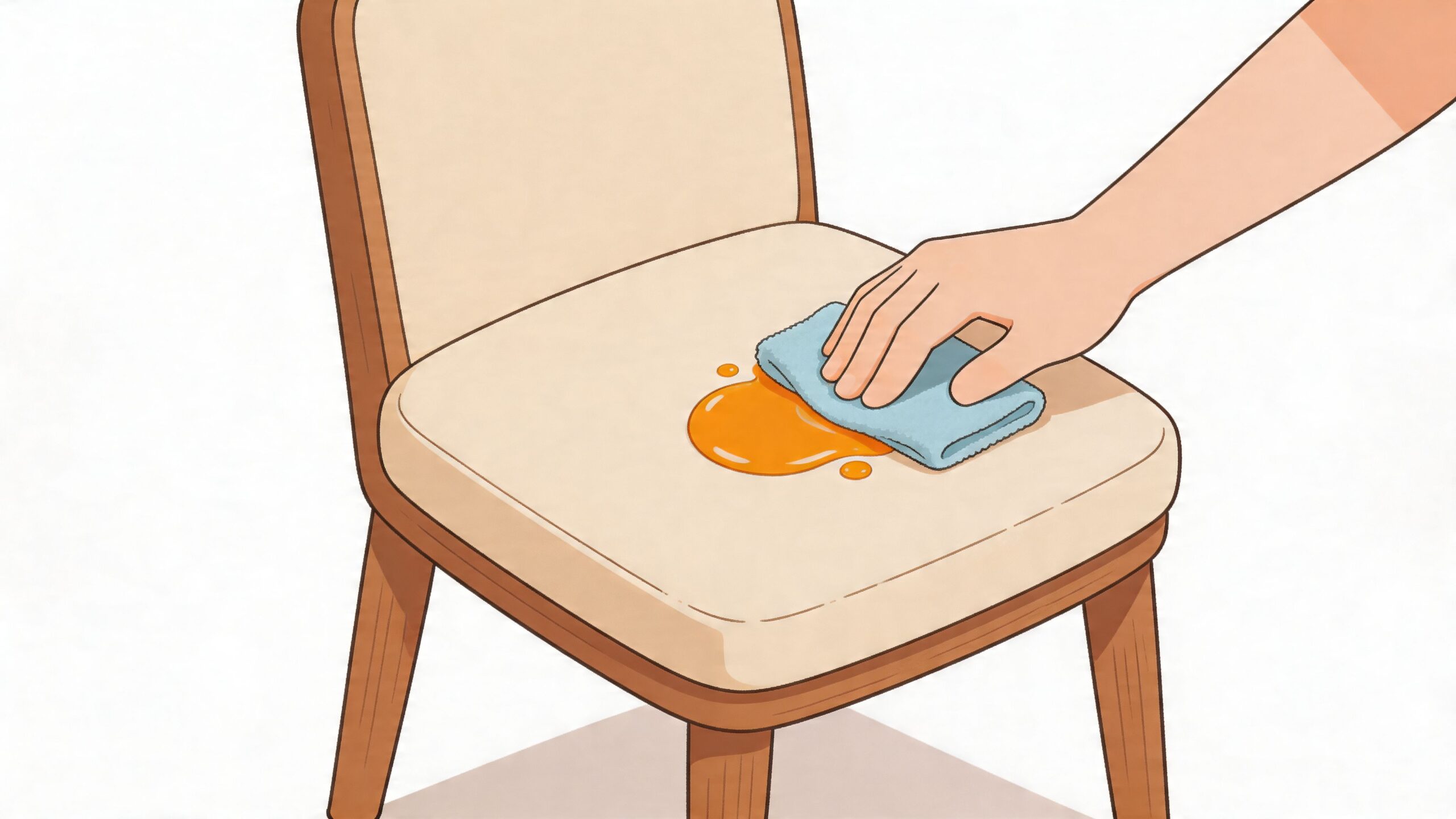 A hand uses a blue cloth to wipe an orange liquid spill off an upholstered dining chair seat.