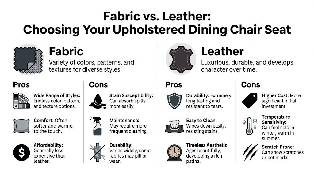 A comparison chart outlining the pros and cons of choosing between fabric and leather upholstered dining chairs.