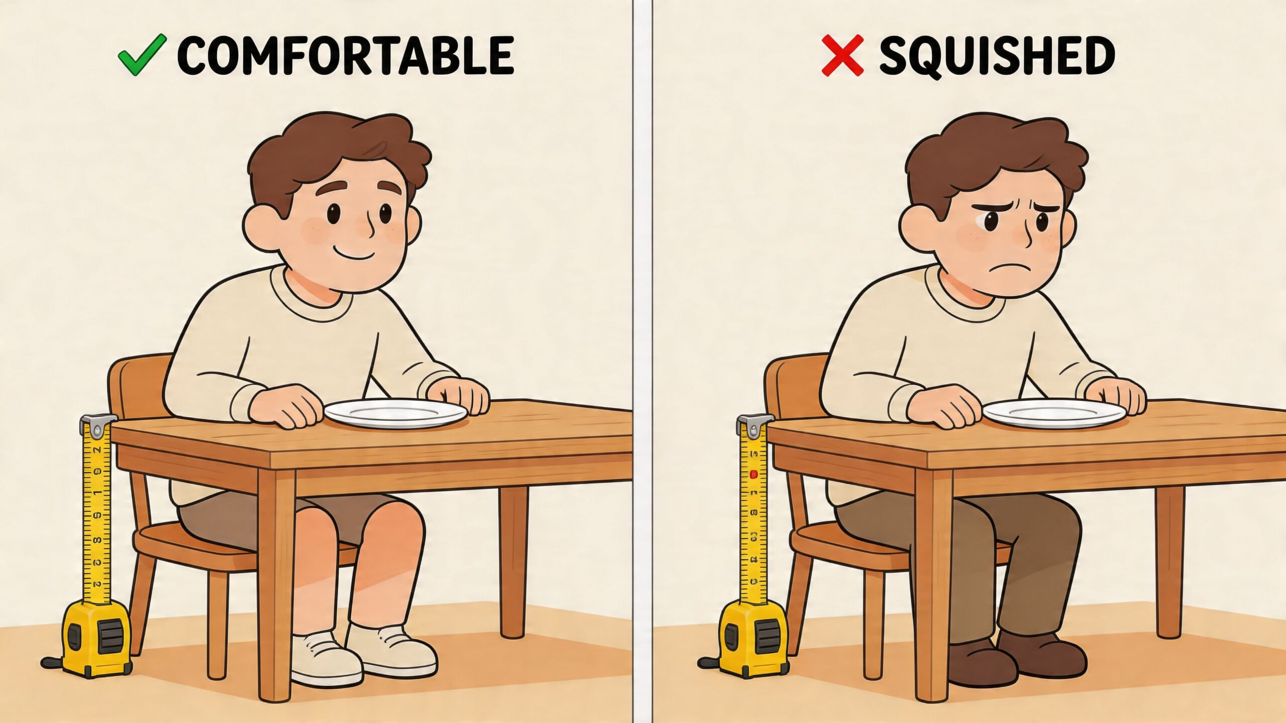 An illustration comparing comfortable and squished seating heights for a child at a dining table.