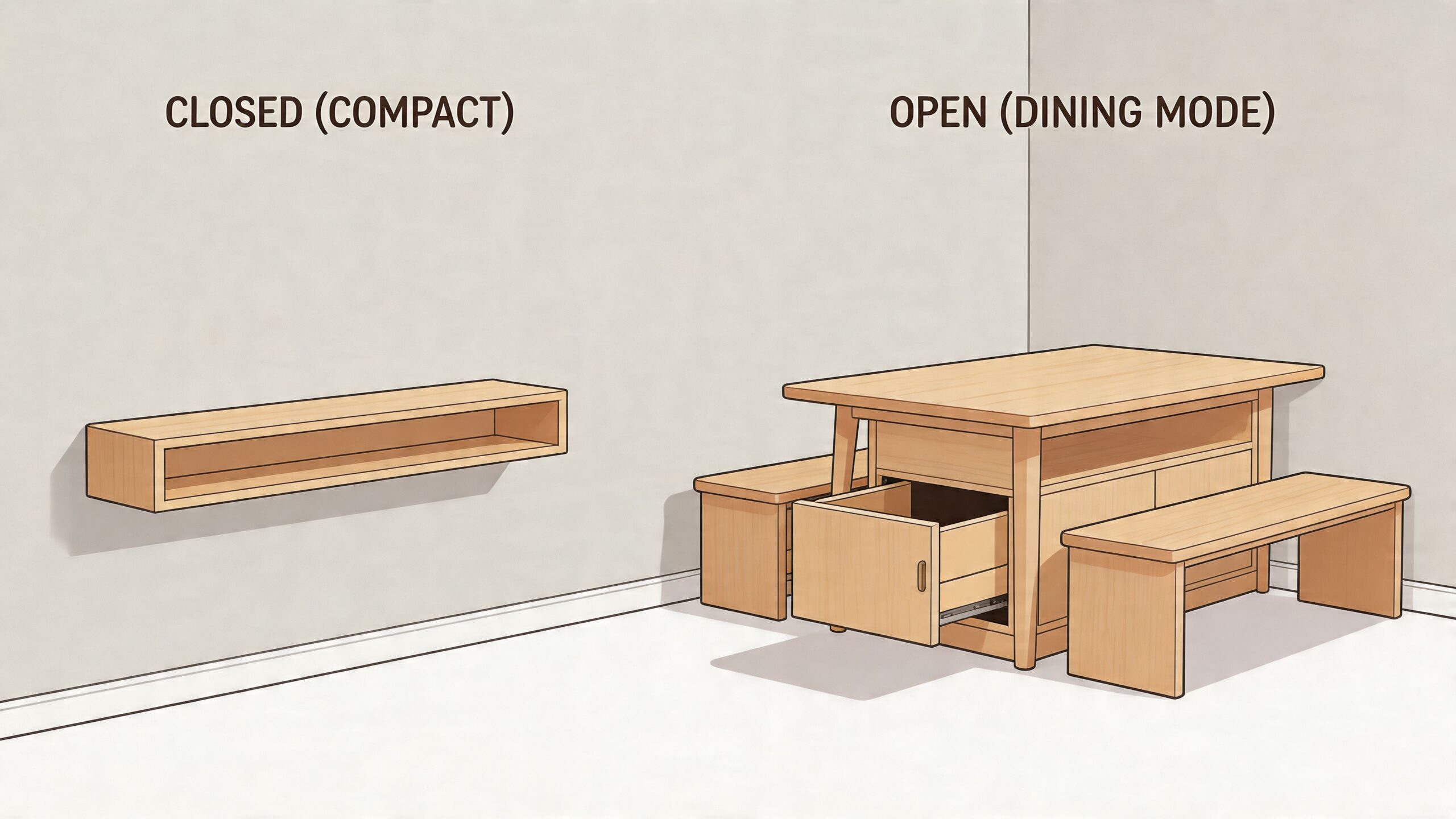 A dual-purpose furniture piece showing a wall-mounted shelf that transforms into a dining table with benches.