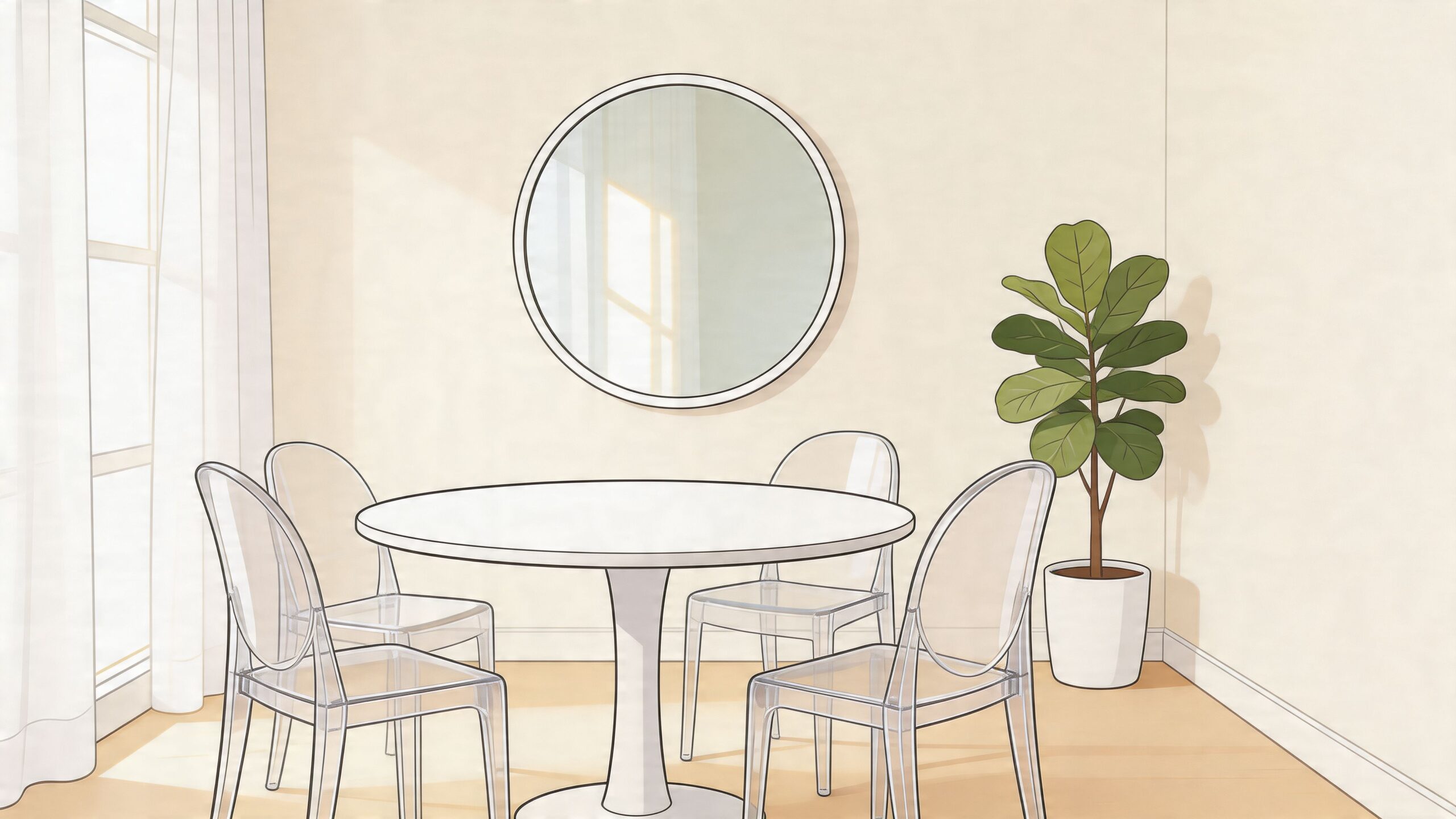 A minimalist dining area featuring a round white table, transparent ghost chairs, and a round wall mirror.