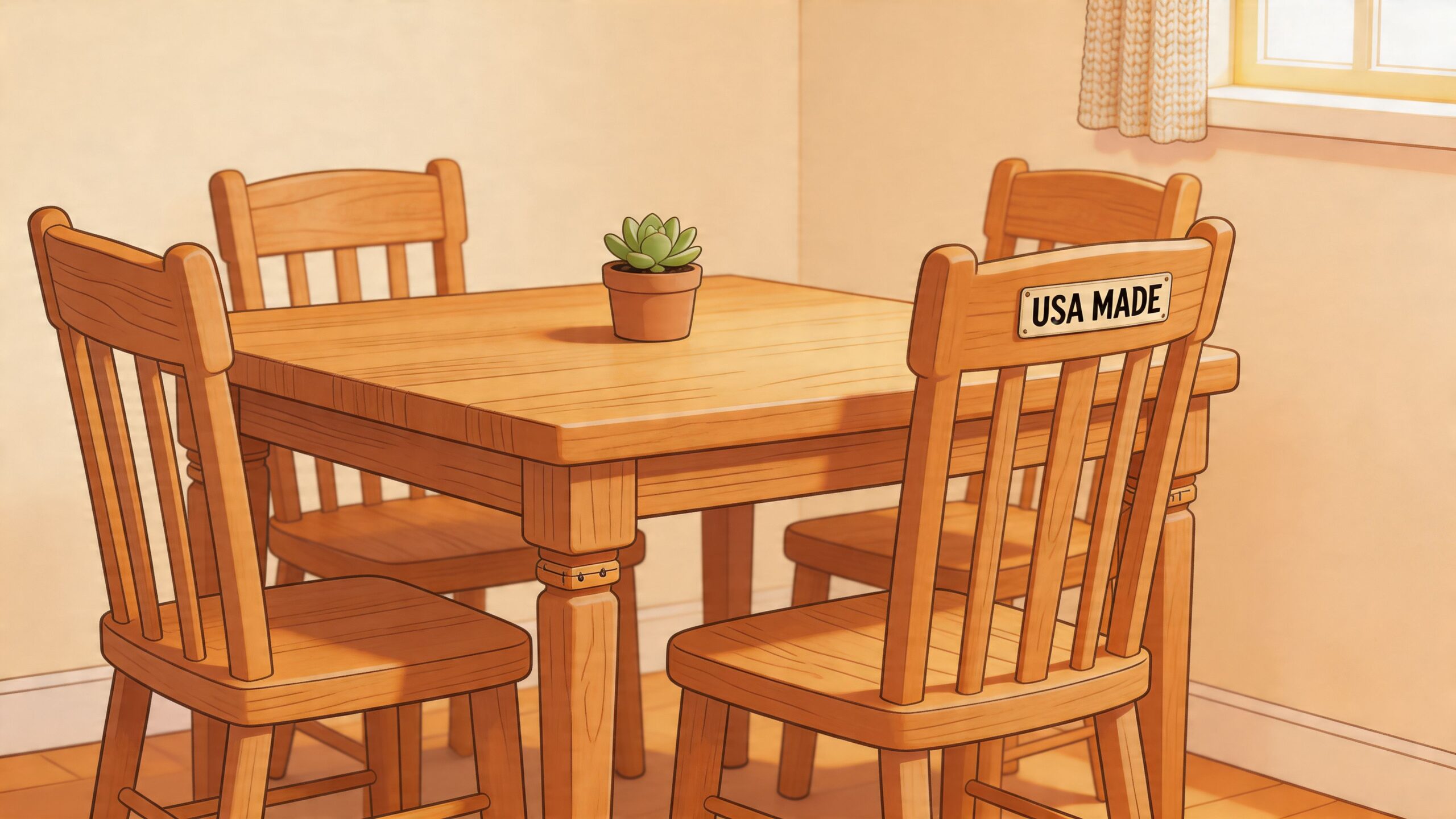 A wooden dining table and four chairs with a small potted succulent in a bright room.