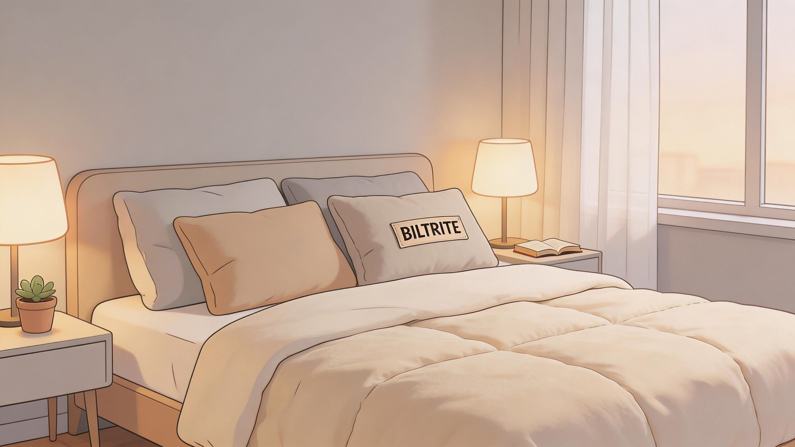 A cozy, well-lit bedroom featuring a neatly made bed with fluffy pillows and a minimalist design style.