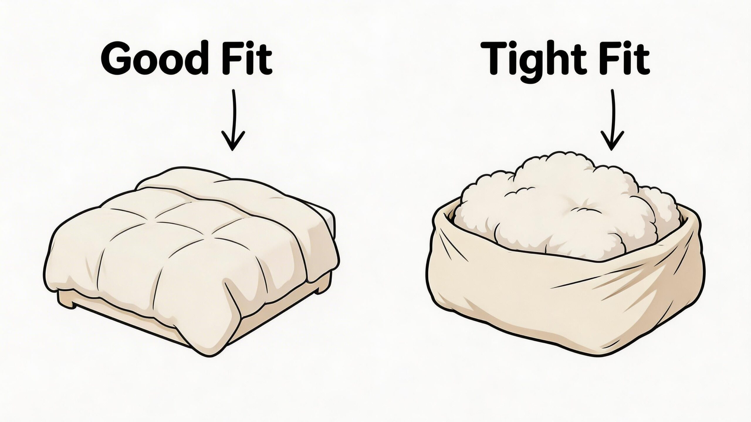 A diagram comparing a proper duvet cover fit with a tight, stuffed duvet cover fit.