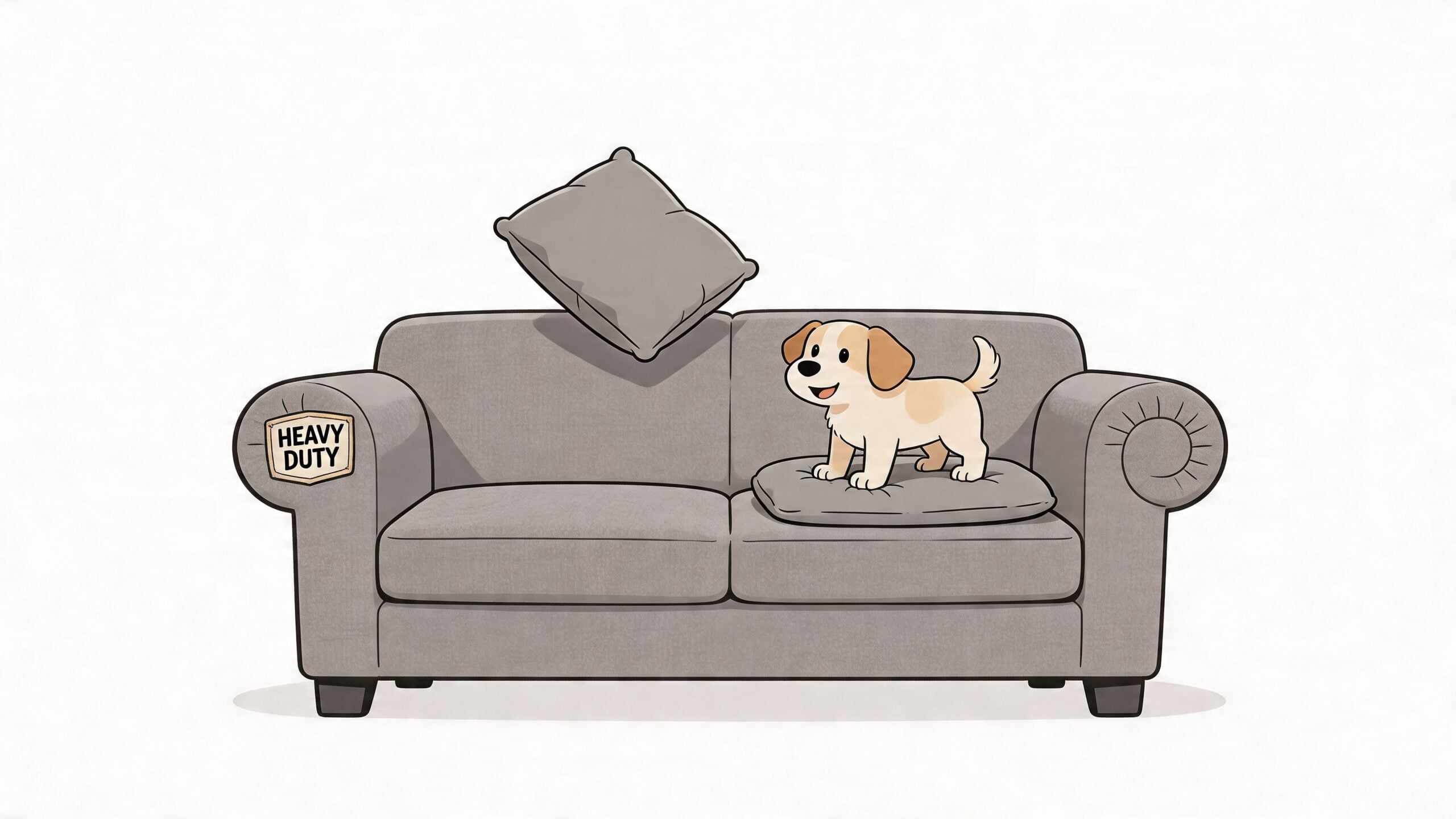 A cute cartoon puppy standing on a gray sofa next to a floating couch pillow.