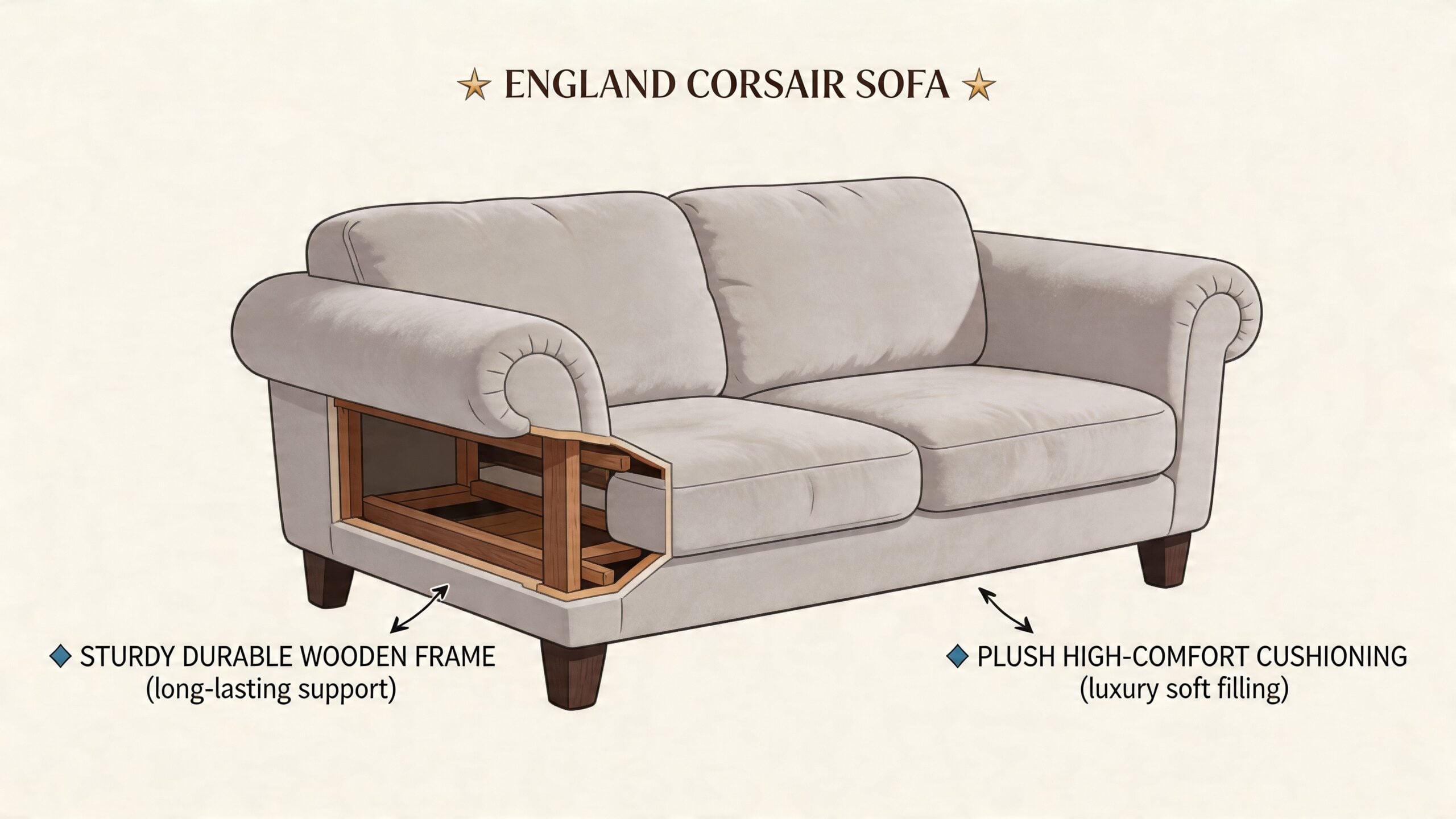 A cutaway illustration of the England Corsair sofa showcasing its durable wooden frame and plush comfortable cushioning.
