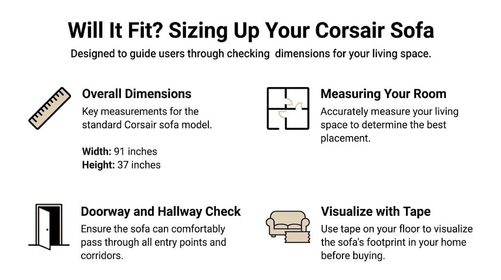 A guide titled Will It Fit showing measurement steps for selecting a Corsair sofa for your home.