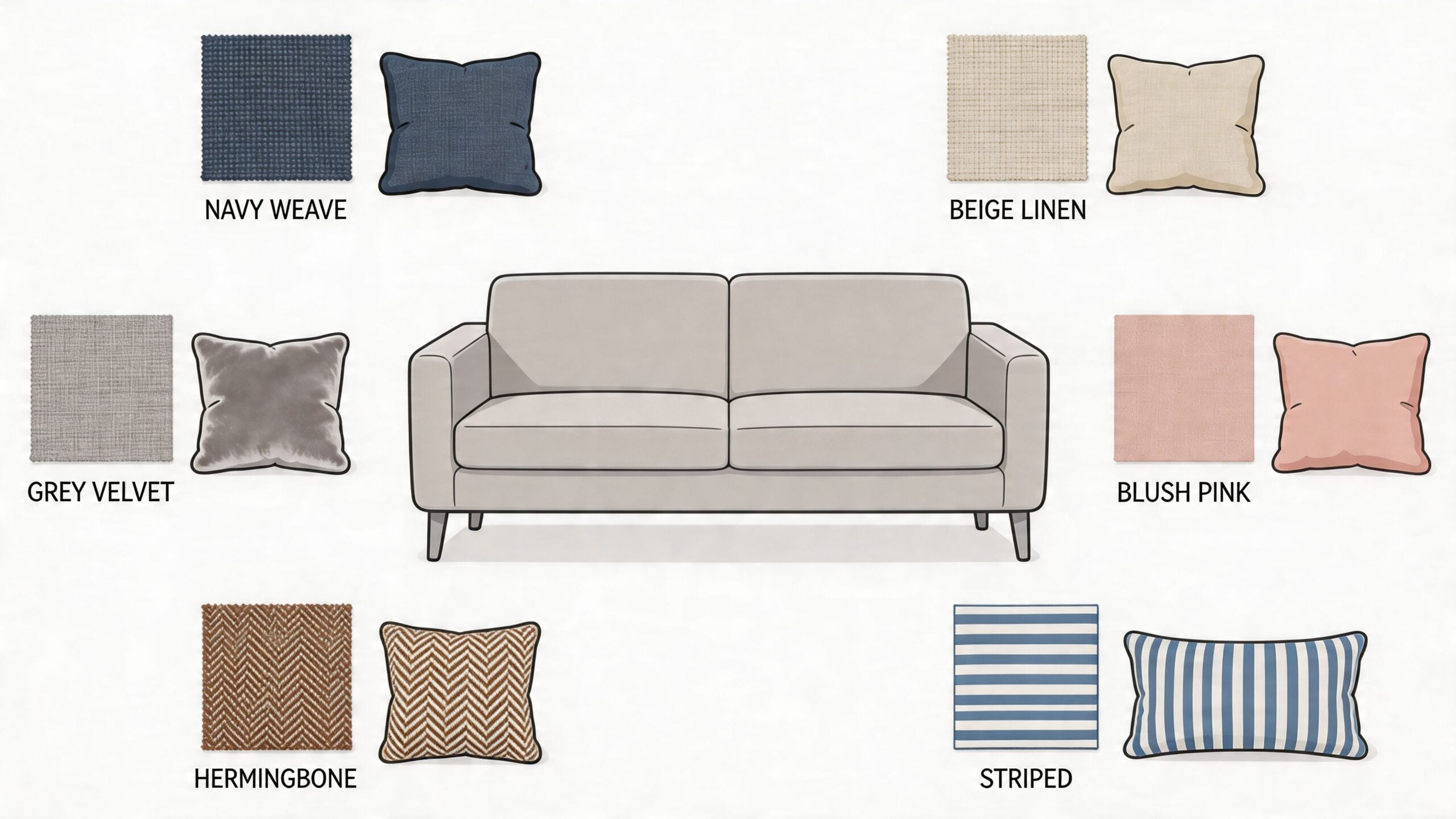 A neutral beige sofa surrounded by various fabric swatches and coordinating decorative throw pillows for interior design.