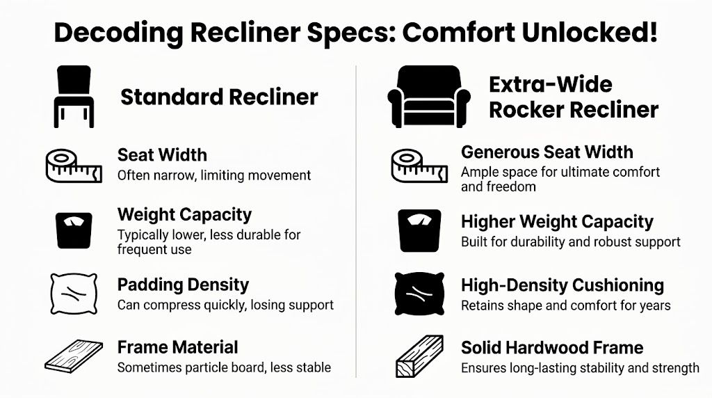 A comparison chart showing differences between a standard recliner and an extra-wide rocker recliner for comfort.