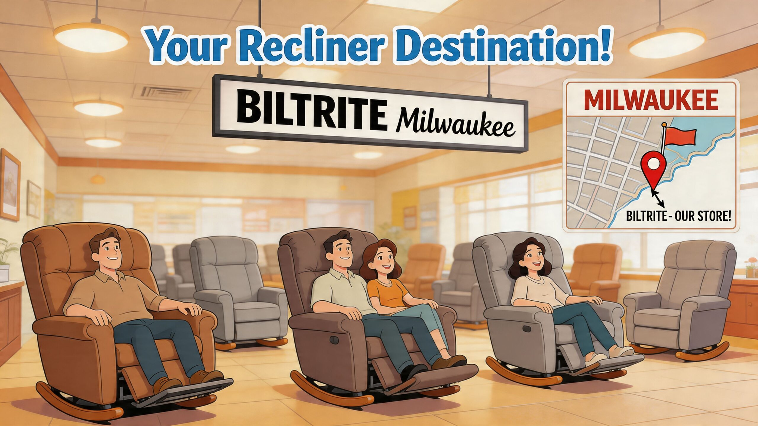 A happy group of people relaxing in comfortable rocking recliners at a furniture store in Milwaukee.