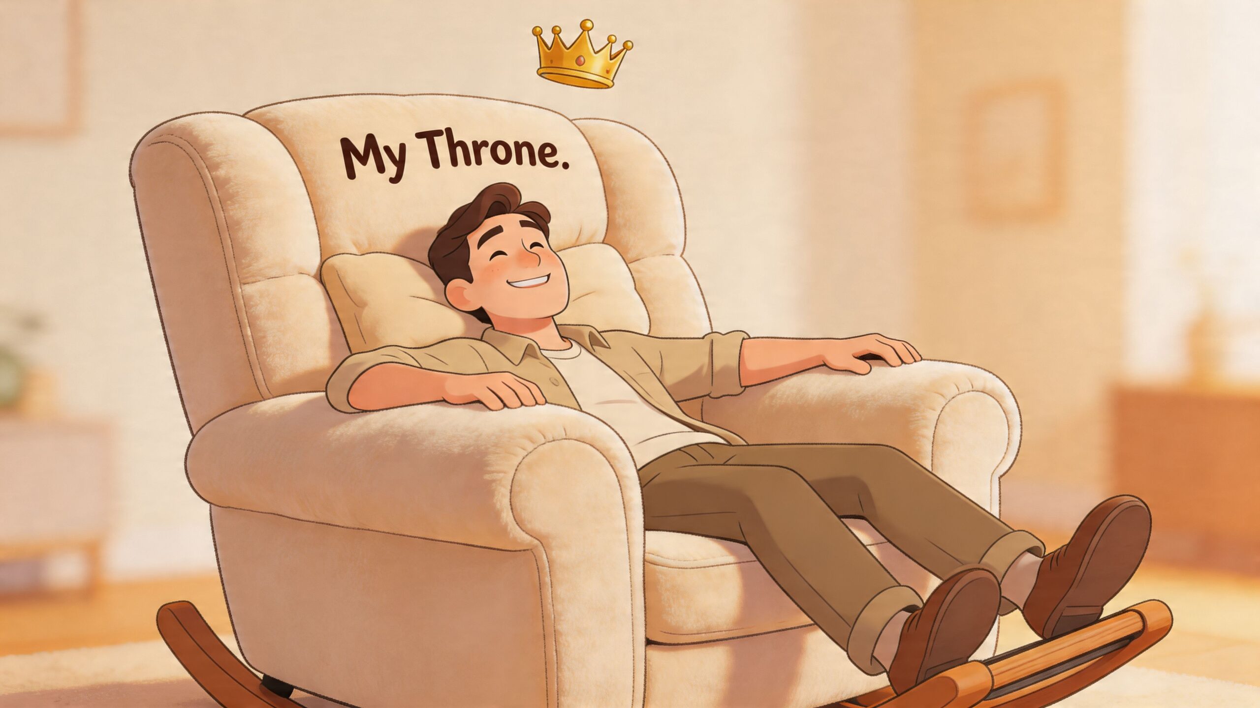 A happy man relaxing comfortably in an extra wide rocker recliner with a small floating crown above.