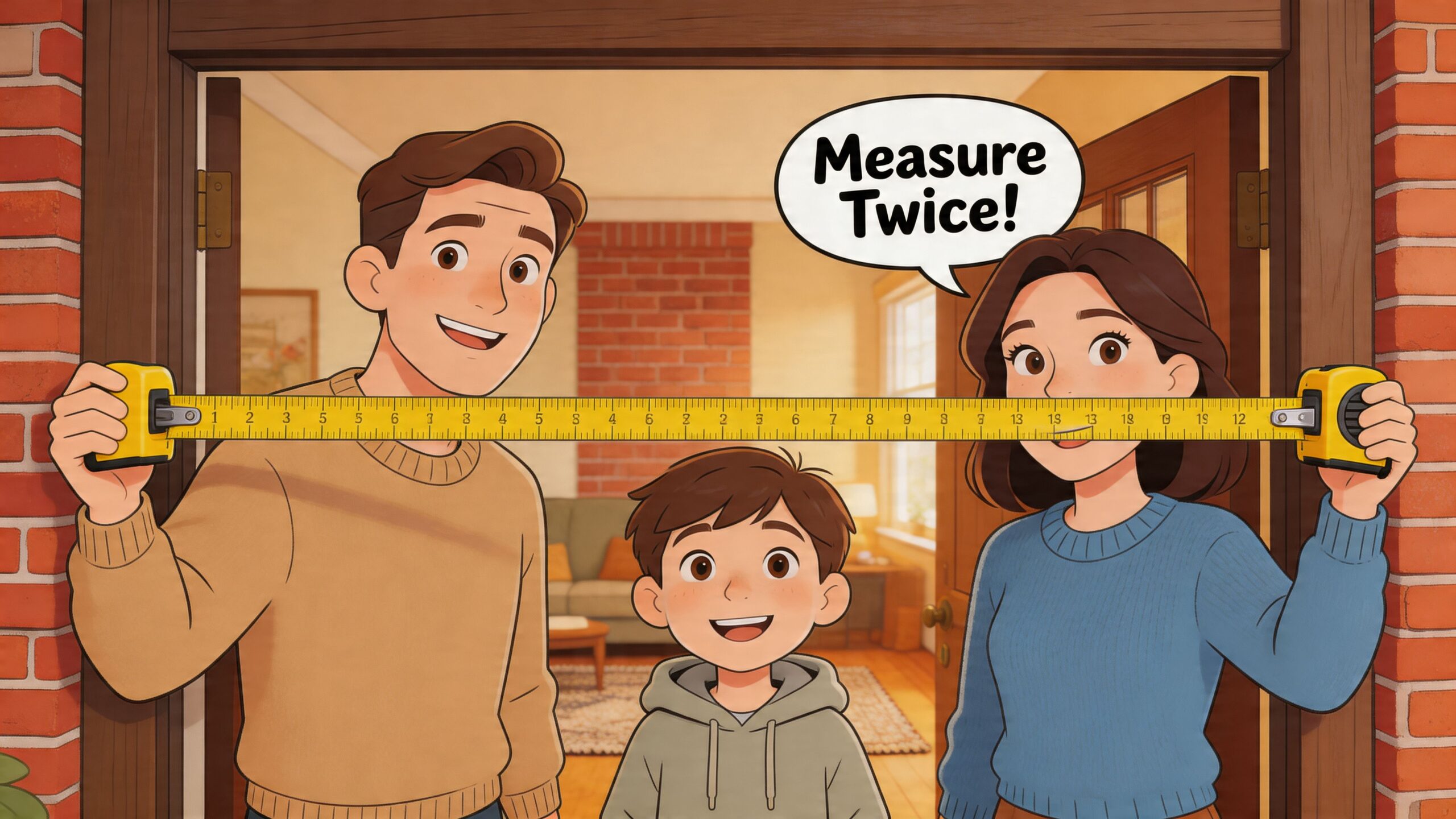 A happy family holding a yellow measuring tape across a doorway while discussing home renovation measurements.