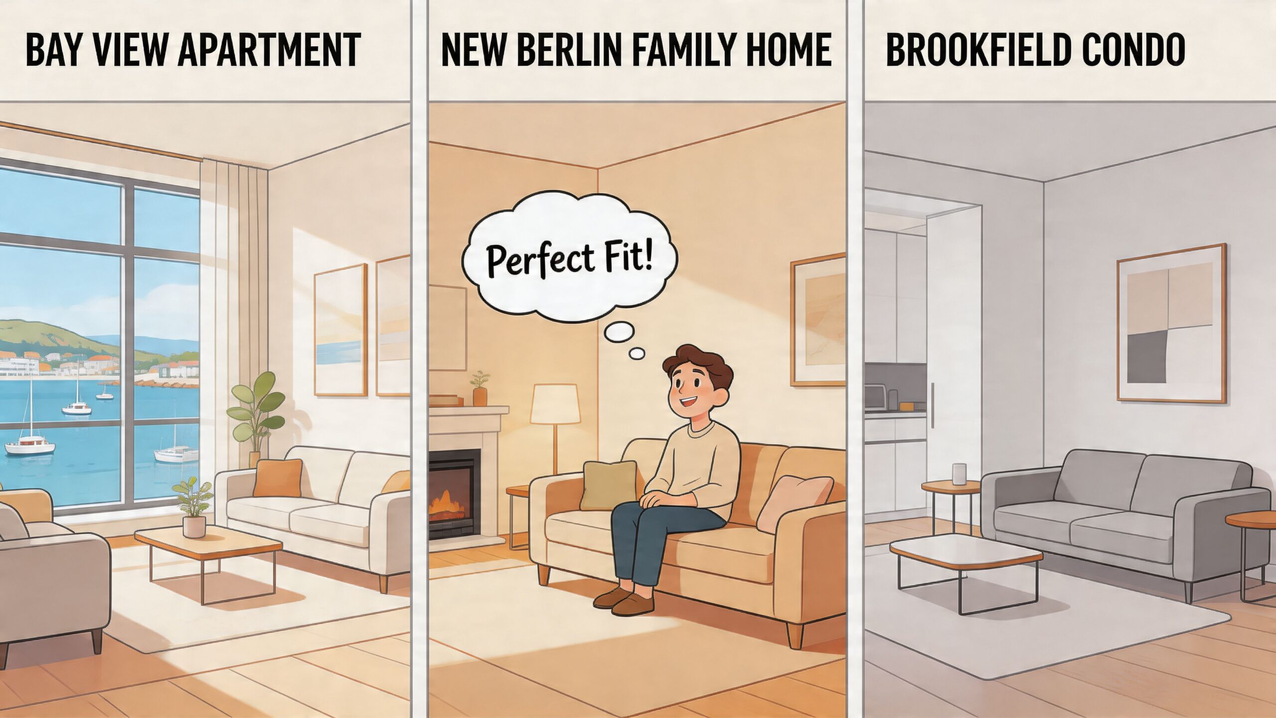 A man sitting on a sofa in a living room, comparing different home furniture layout options.