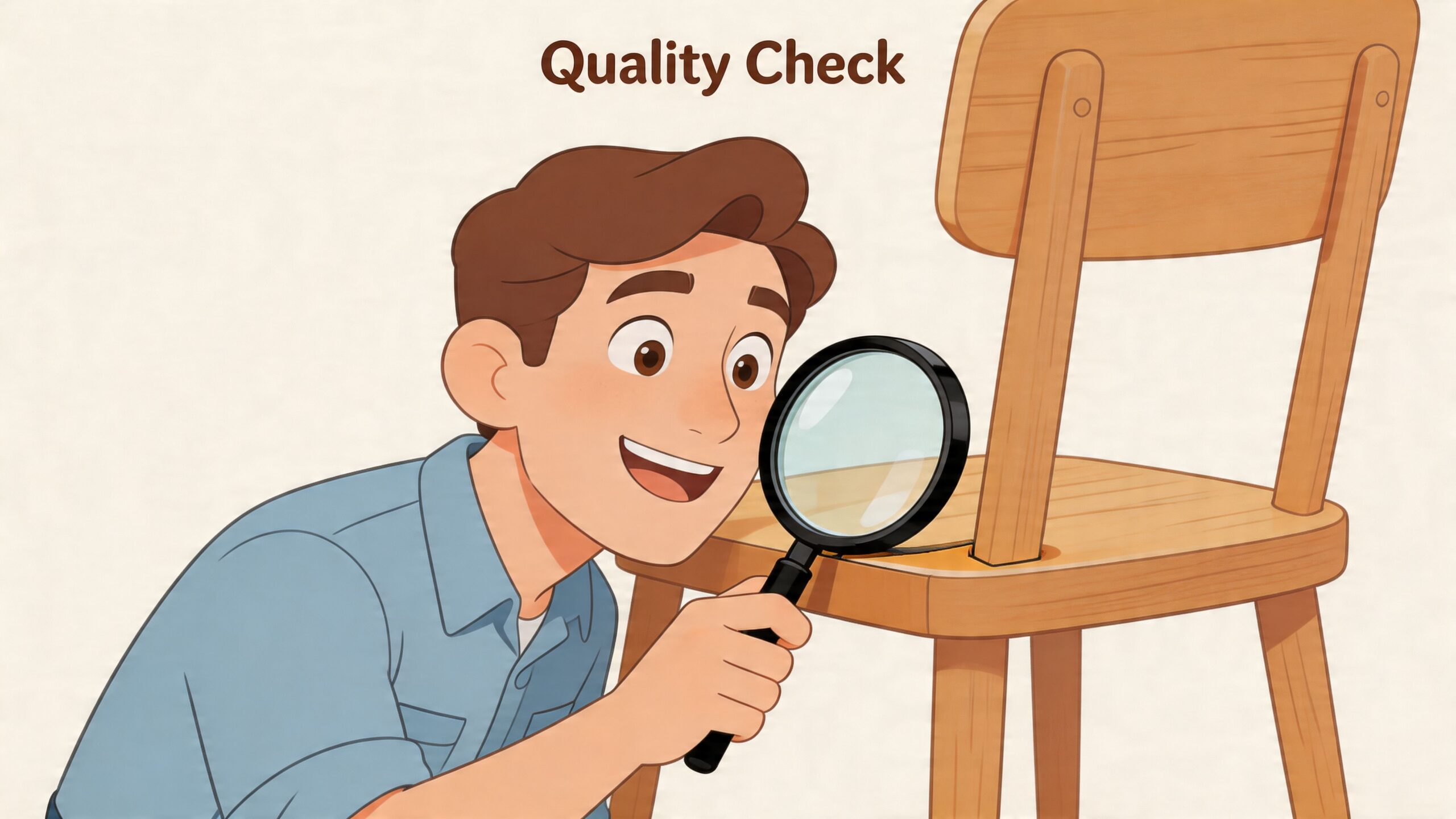 A man using a magnifying glass to inspect the quality of a wooden chair in detail.