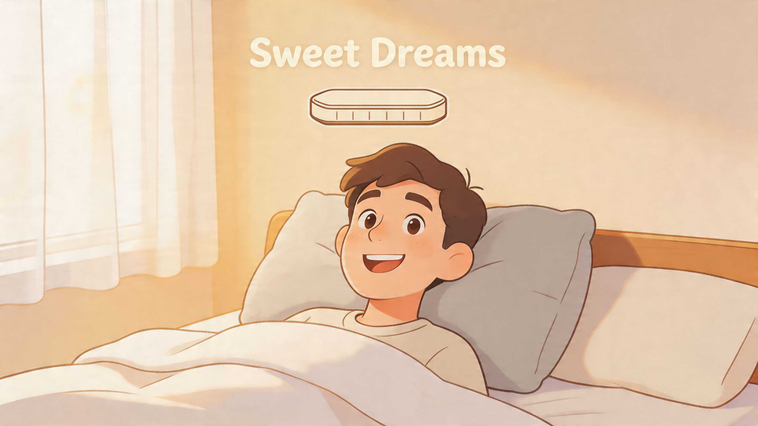 An illustration of a young man smiling in bed, reflecting a comfortable and restful night's sleep.