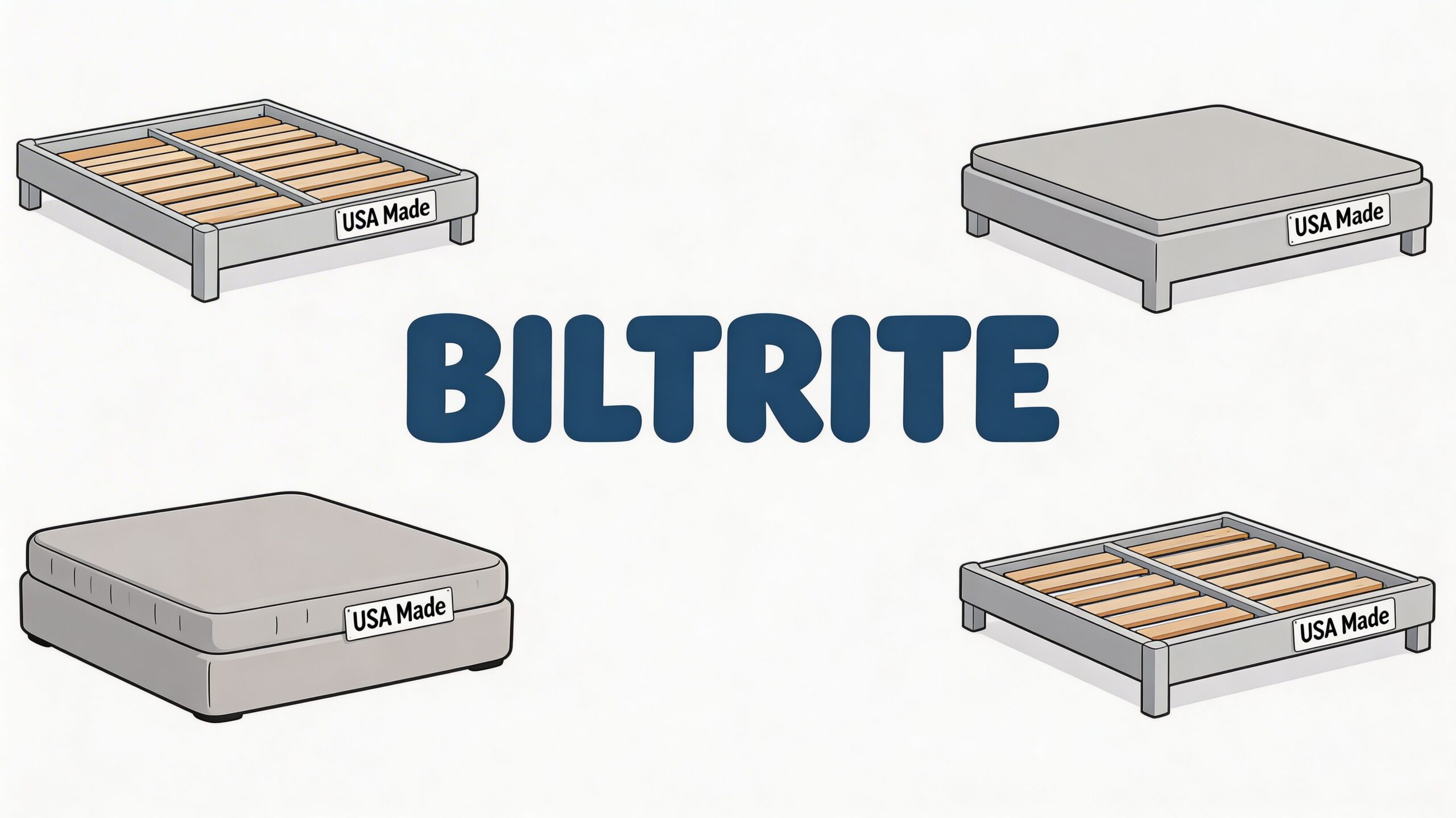 Four different illustrations of bed bases and box springs with a central BILTRITE logo display.