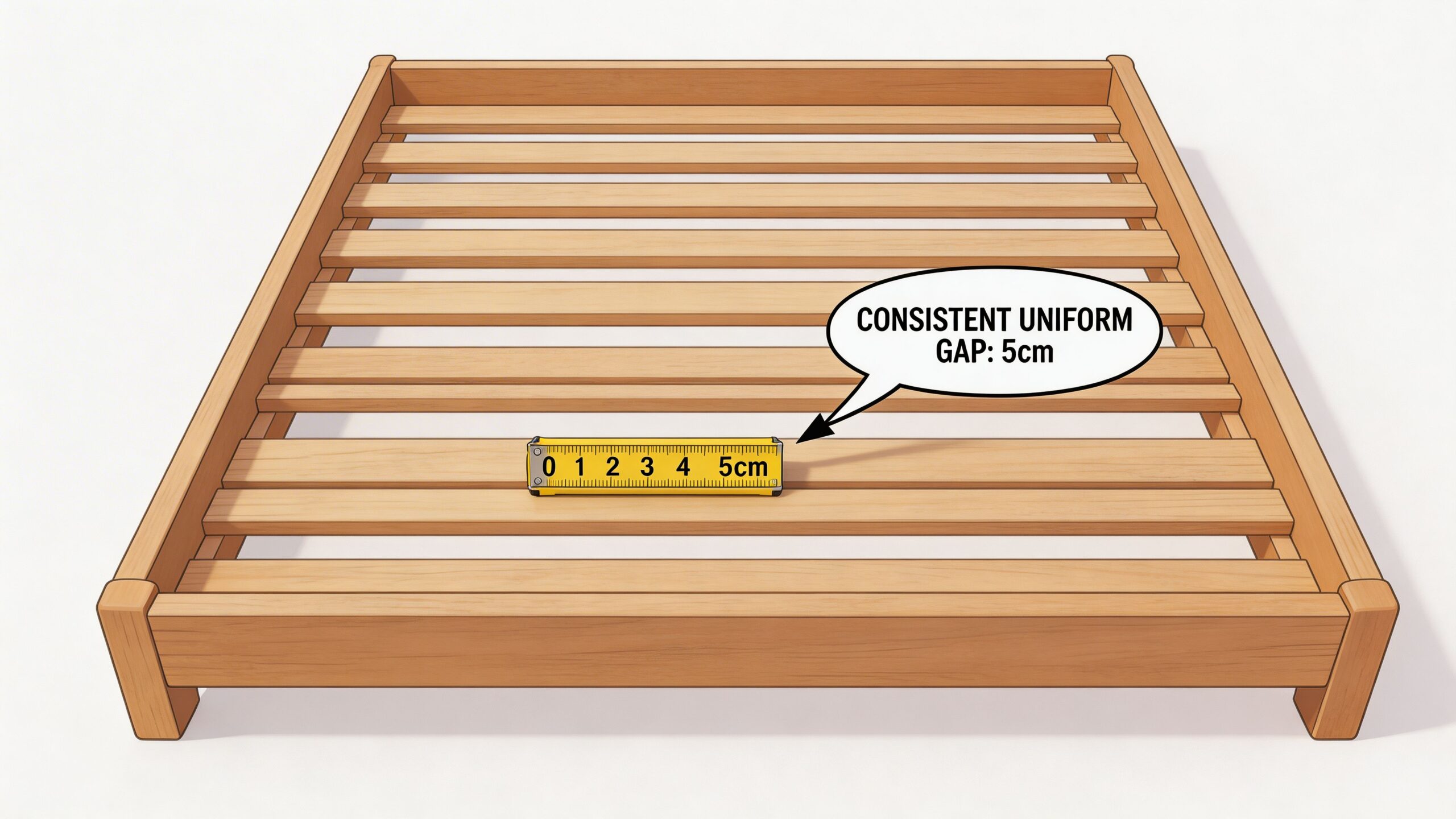 A wooden bed frame showing slats with a consistent uniform five centimeter gap between each wooden board.