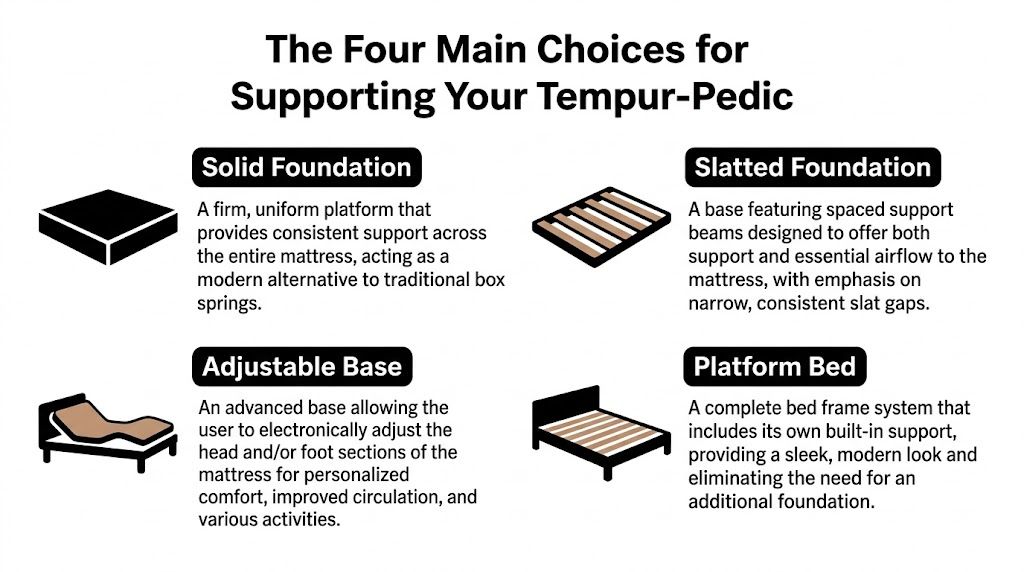 A graphic showing the four main support options for a Tempur-Pedic mattress: foundation, slats, adjustable base, and platform.