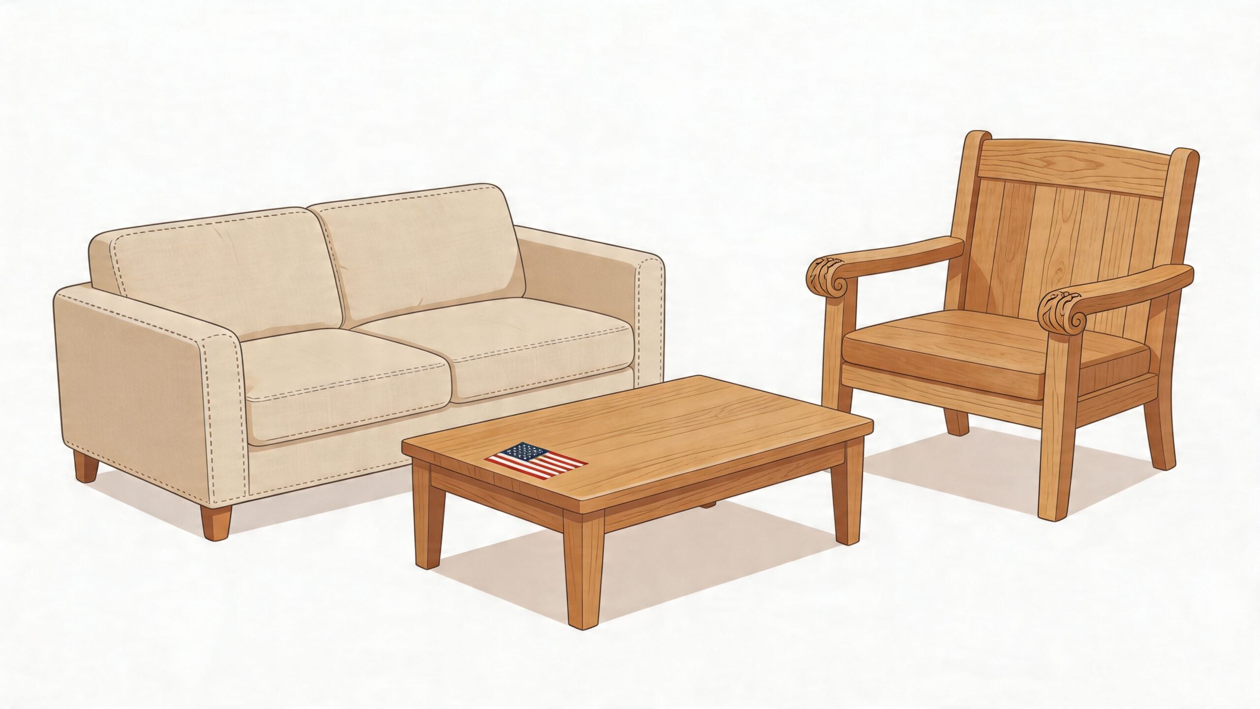A modern living room set including a beige sofa, a wooden armchair, and a coffee table.