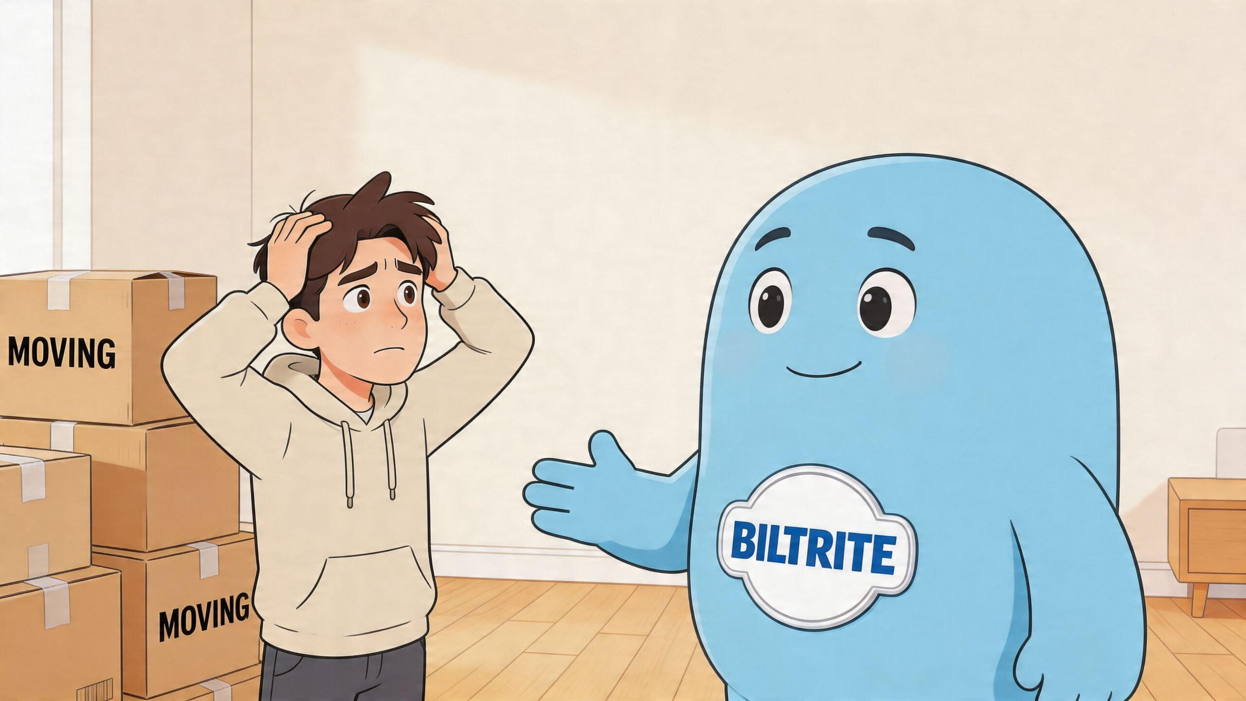 A worried young man looking at stacked moving boxes while a friendly blue character stands nearby.