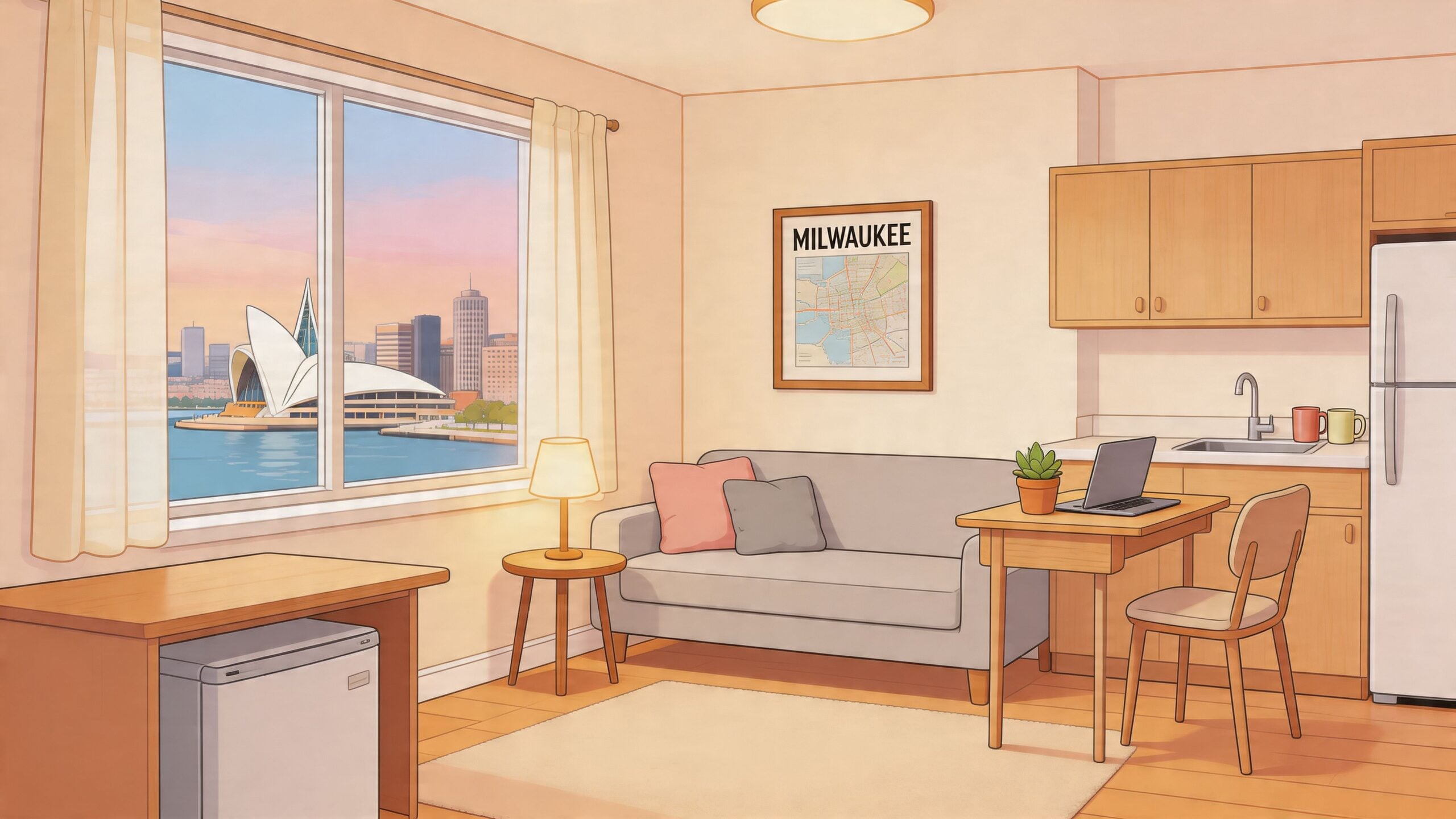 A cozy, sunlit studio apartment featuring modern furniture, a desk, a sofa, and a city view.