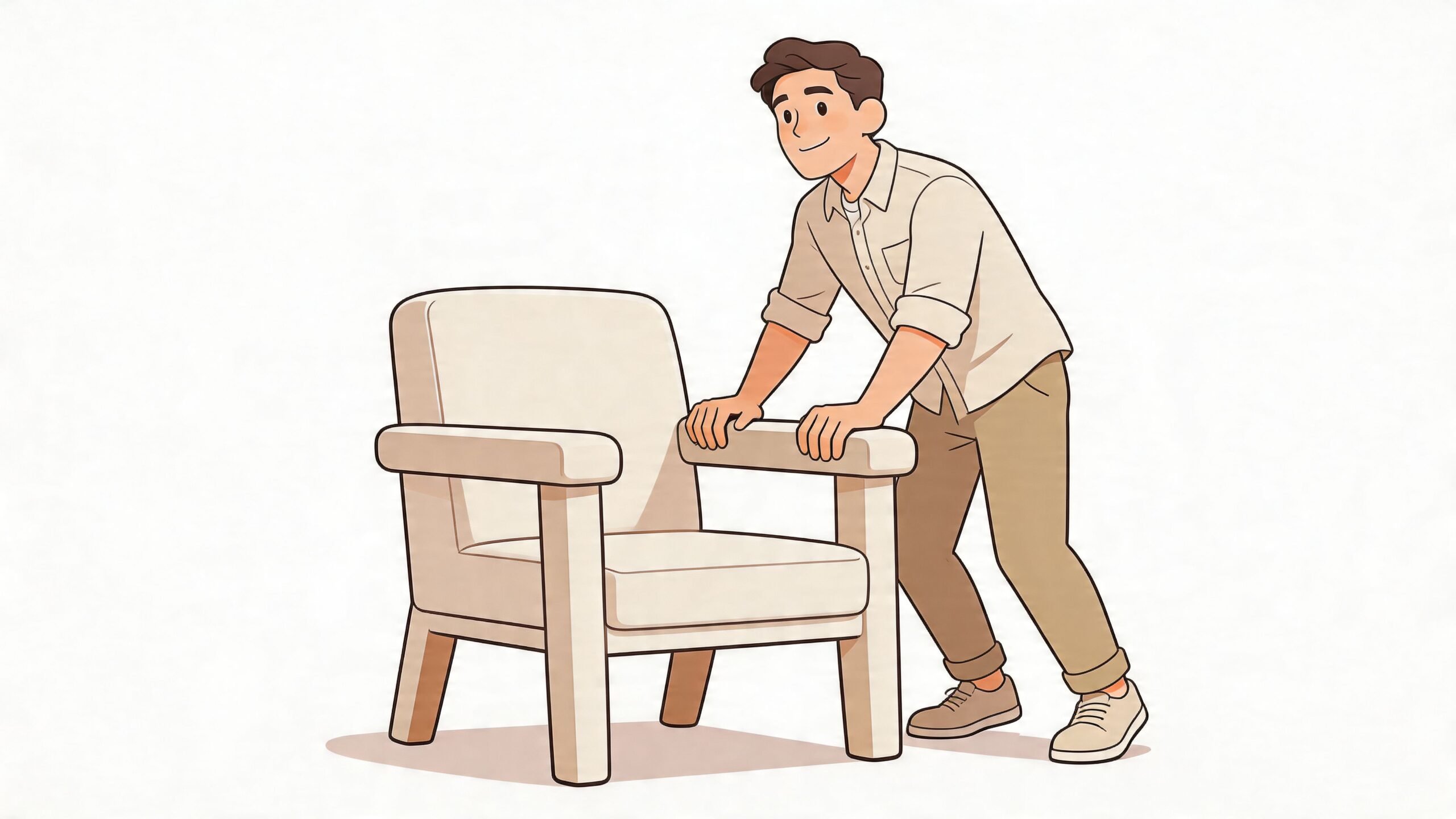 A man in a beige outfit standing behind a comfortable, sturdy armchair to adjust its position.