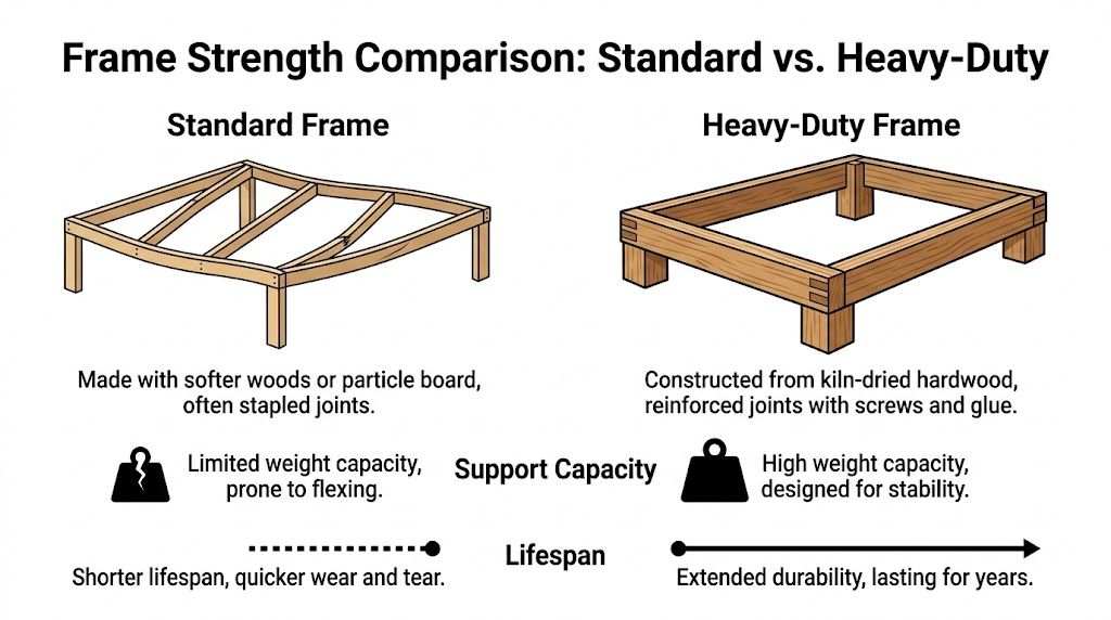 A comparison illustration between a weak standard bed frame and a durable, reinforced heavy-duty wooden bed frame.