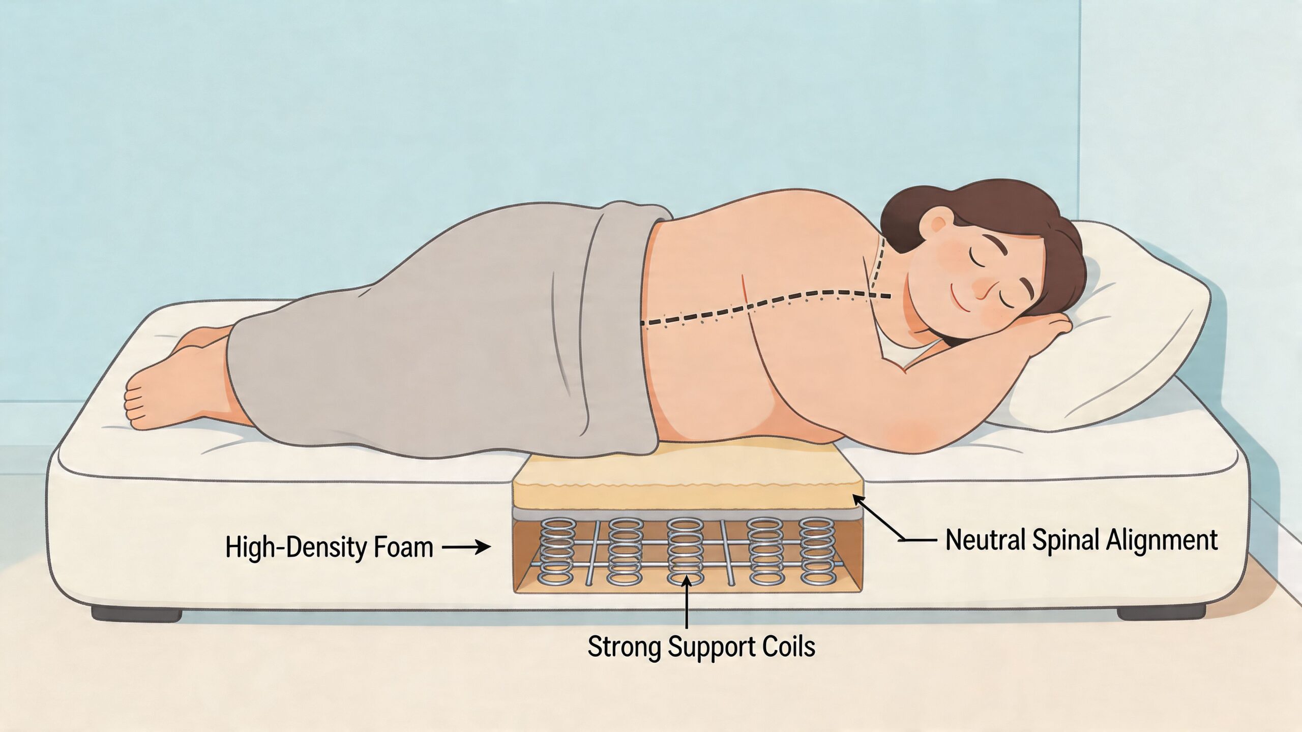 A cross-section illustration showing a person sleeping on a mattress with support coils and foam layers.