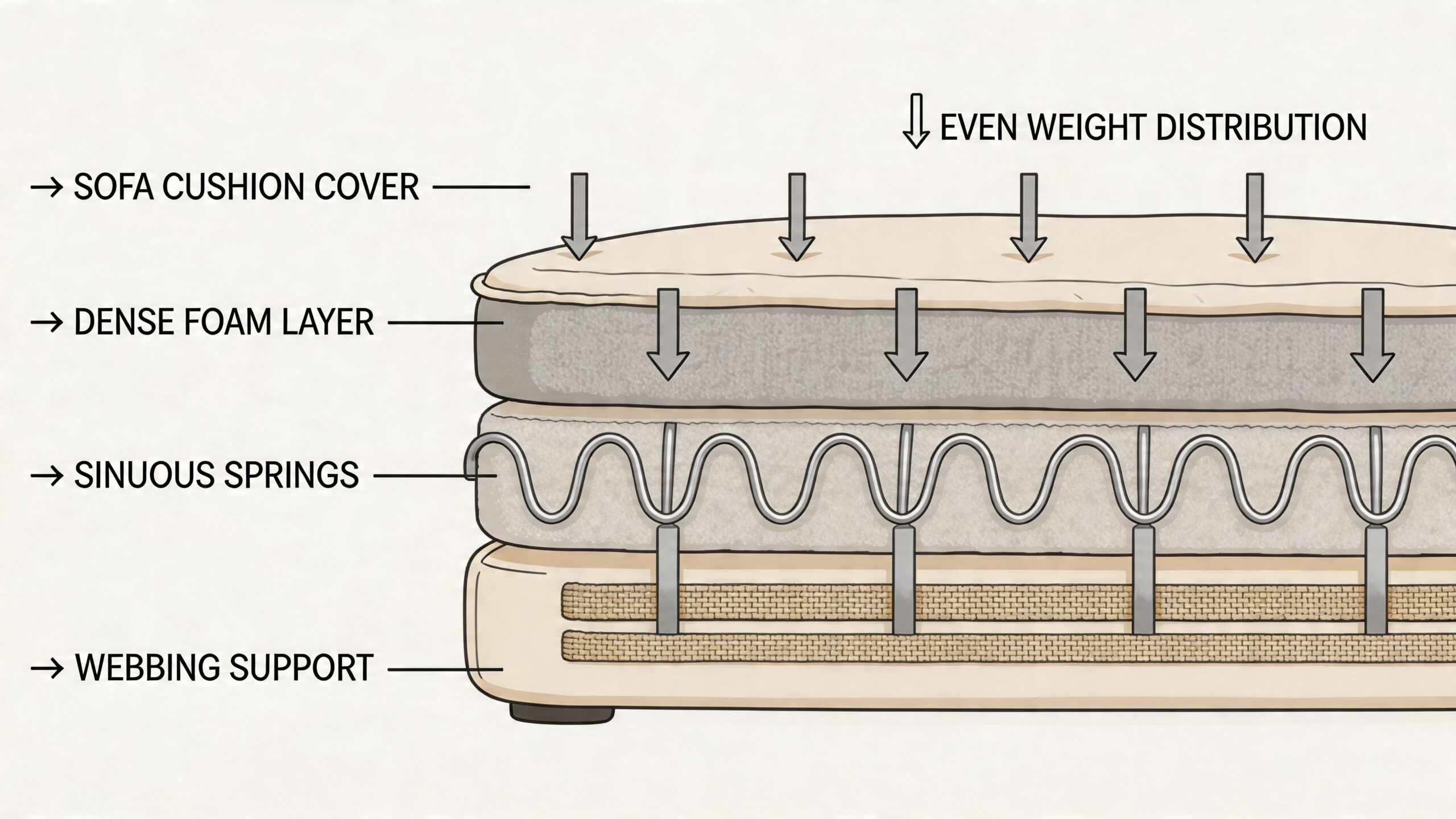A cross-section illustration showing the layered structure of a sofa cushion with foam and springs.