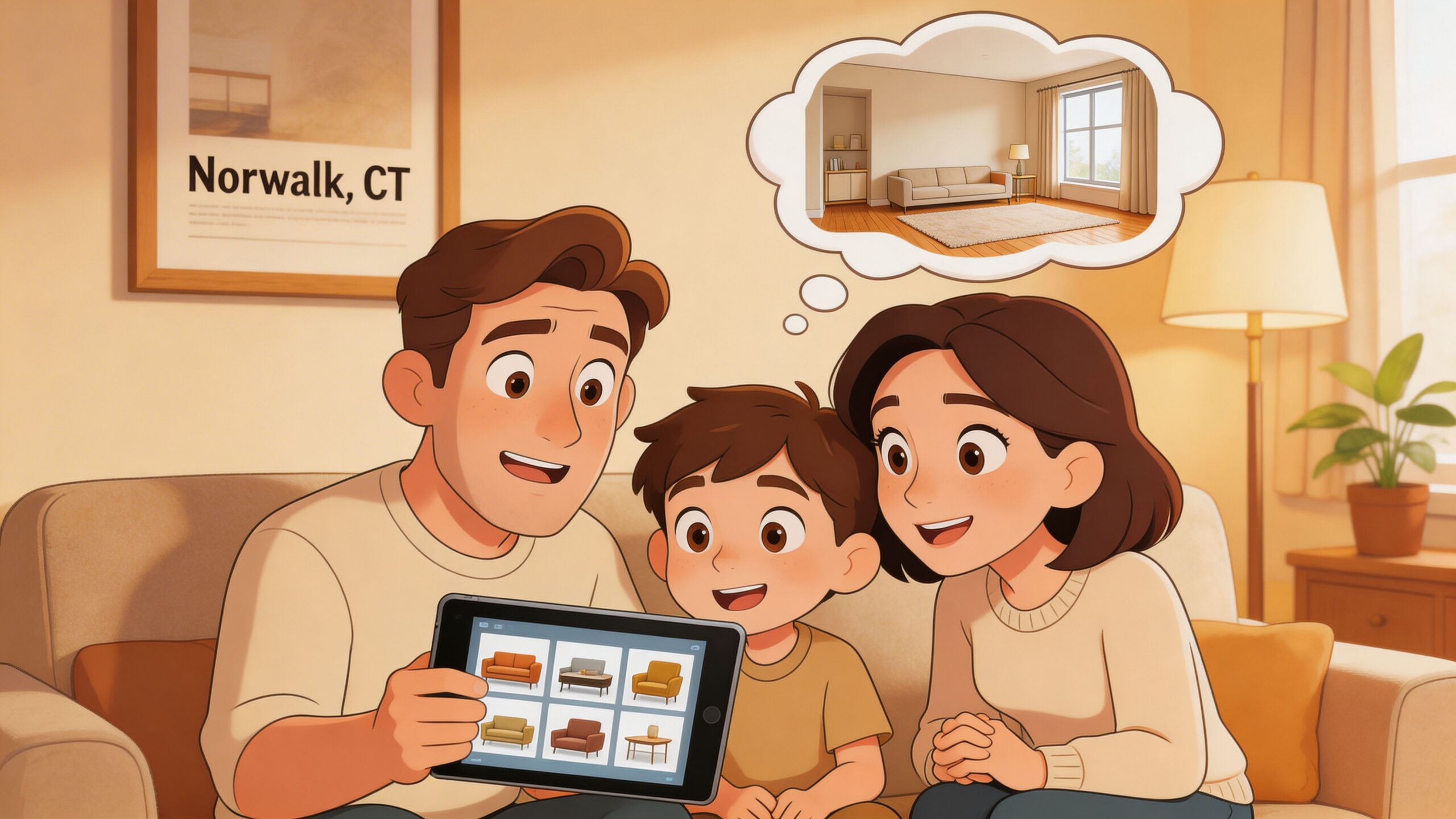 A happy family looking at furniture options on a tablet while imagining their dream living room interior.