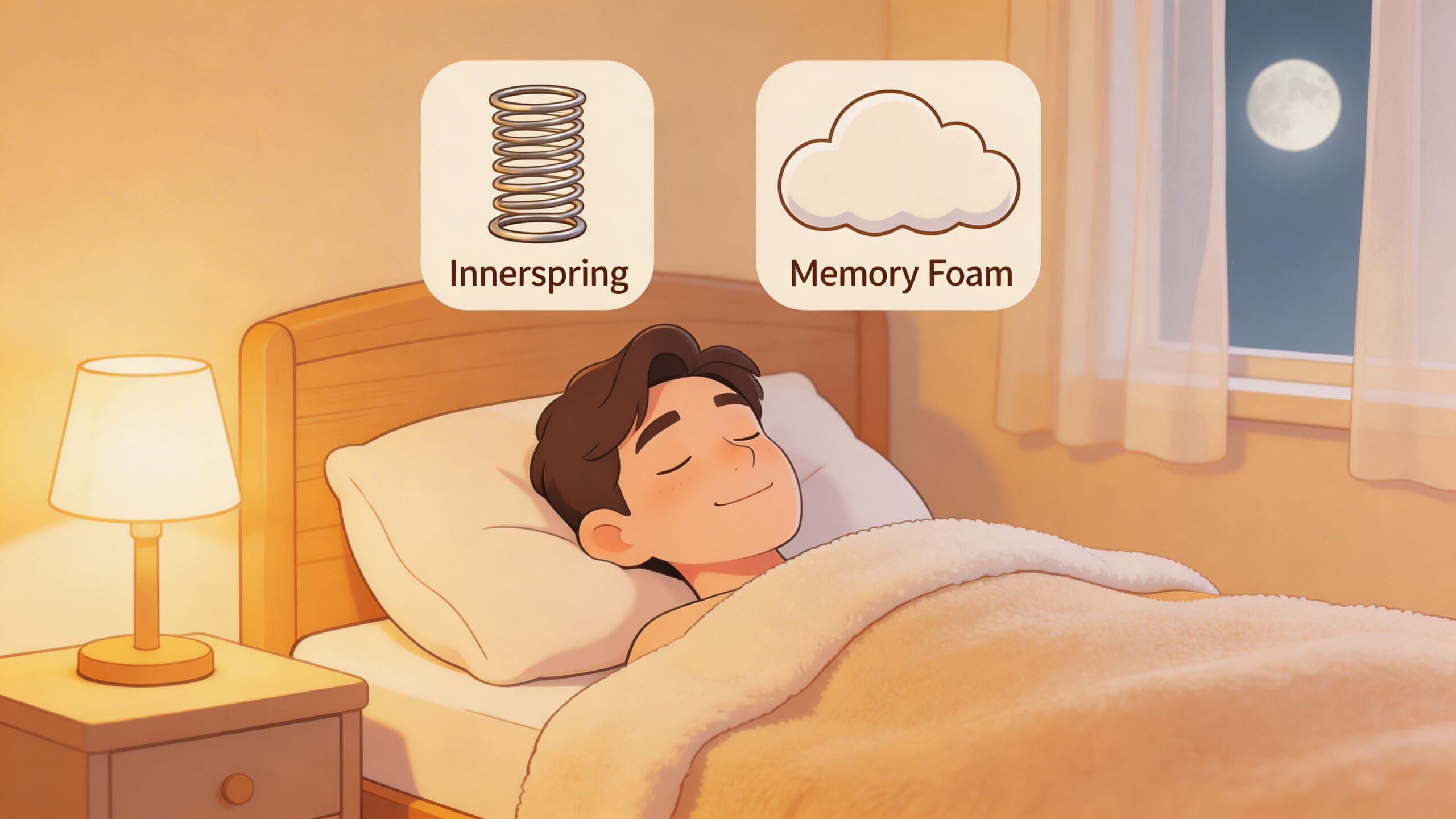 A peaceful illustration of a person sleeping in bed with icons for innerspring and memory foam mattresses.