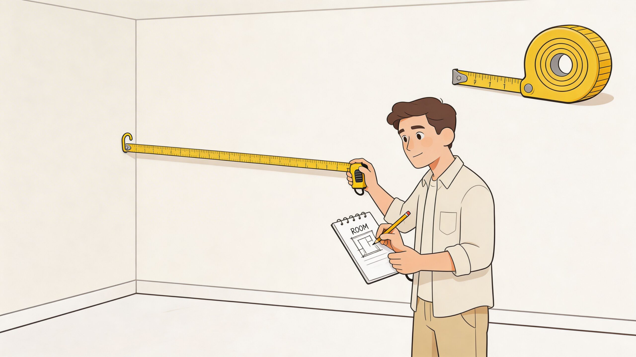 A man measuring a wall with a tape measure while sketching floor plans in a notebook.