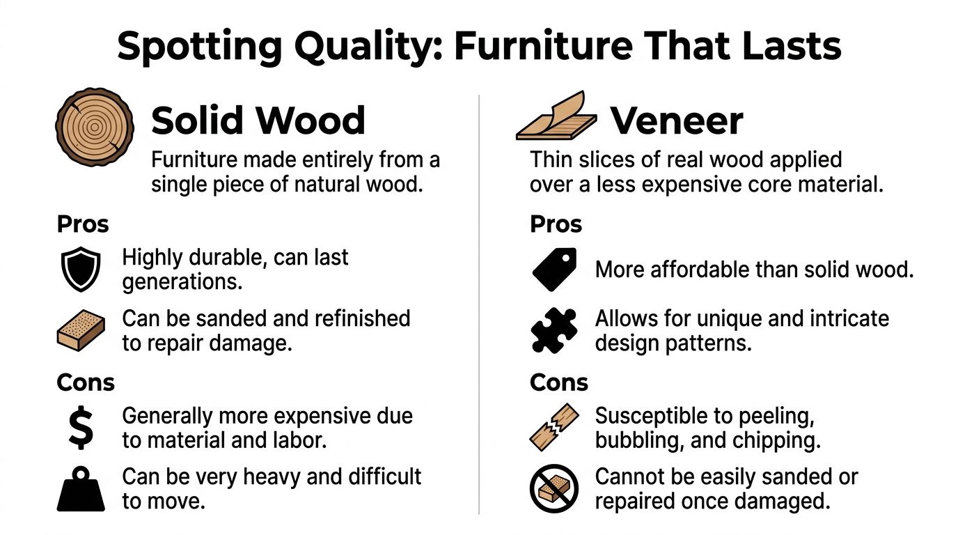 A comparison chart showing the differences, pros, and cons between solid wood and veneer furniture materials.