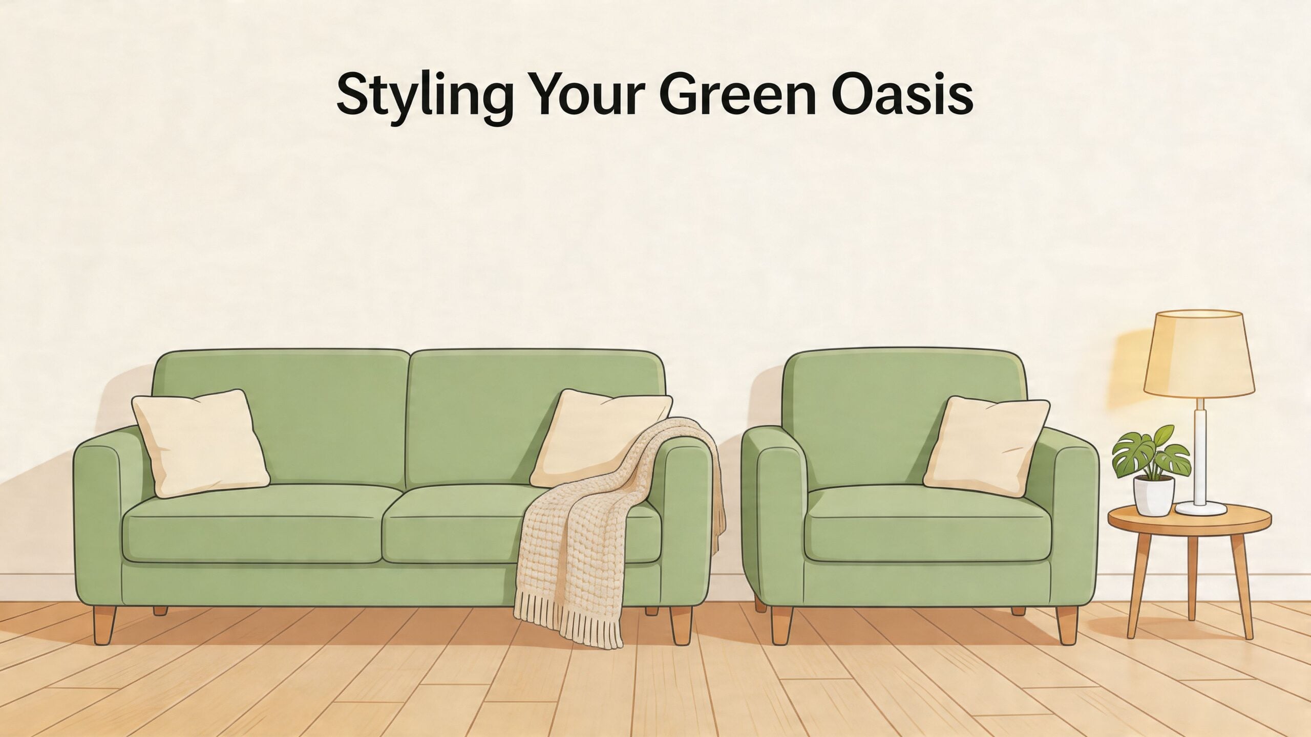 A cozy living room setting featuring a sage green sofa and matching armchair with decorative pillows.