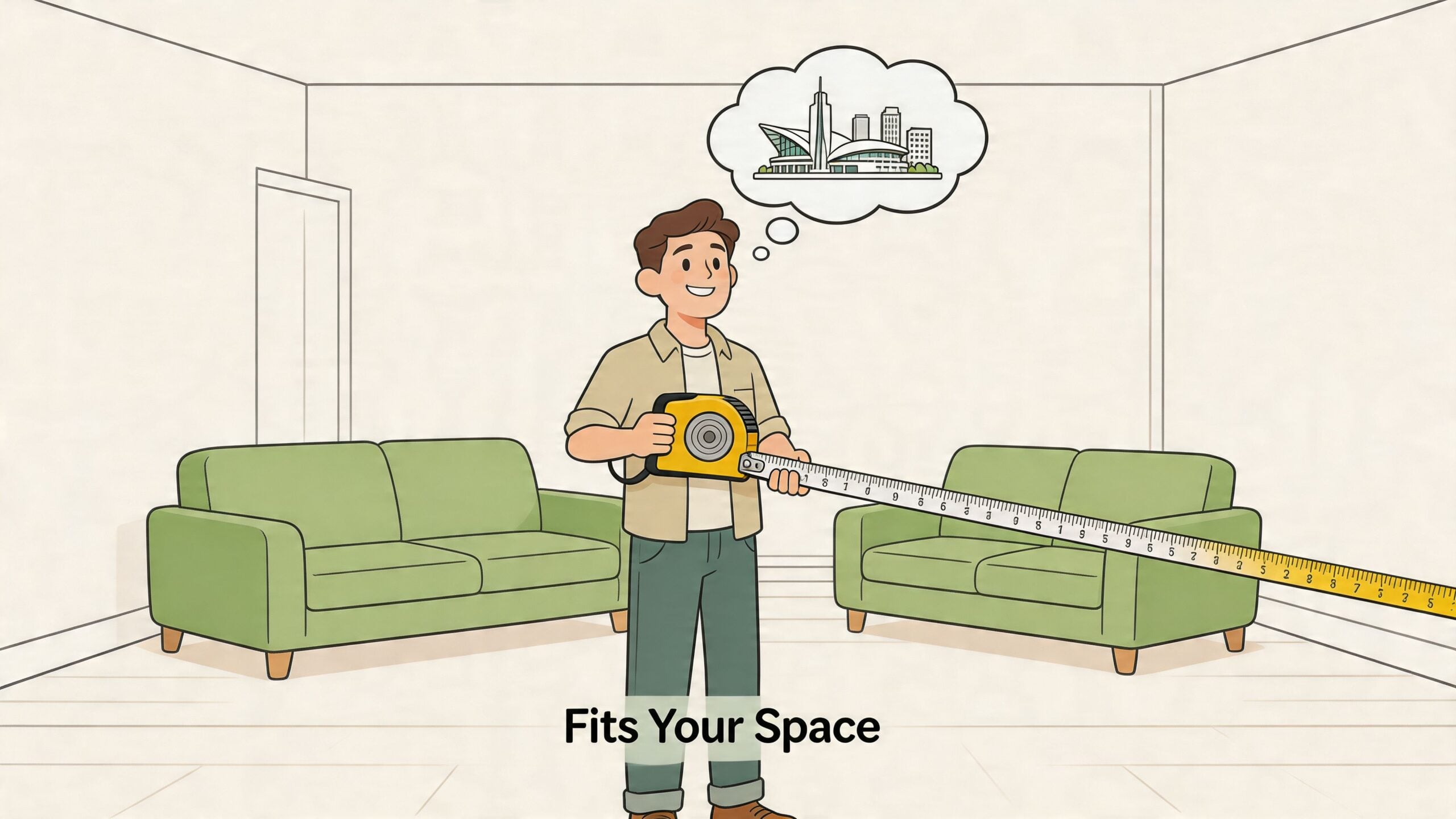 A man measuring a living room space with a tape measure between two green sofas.