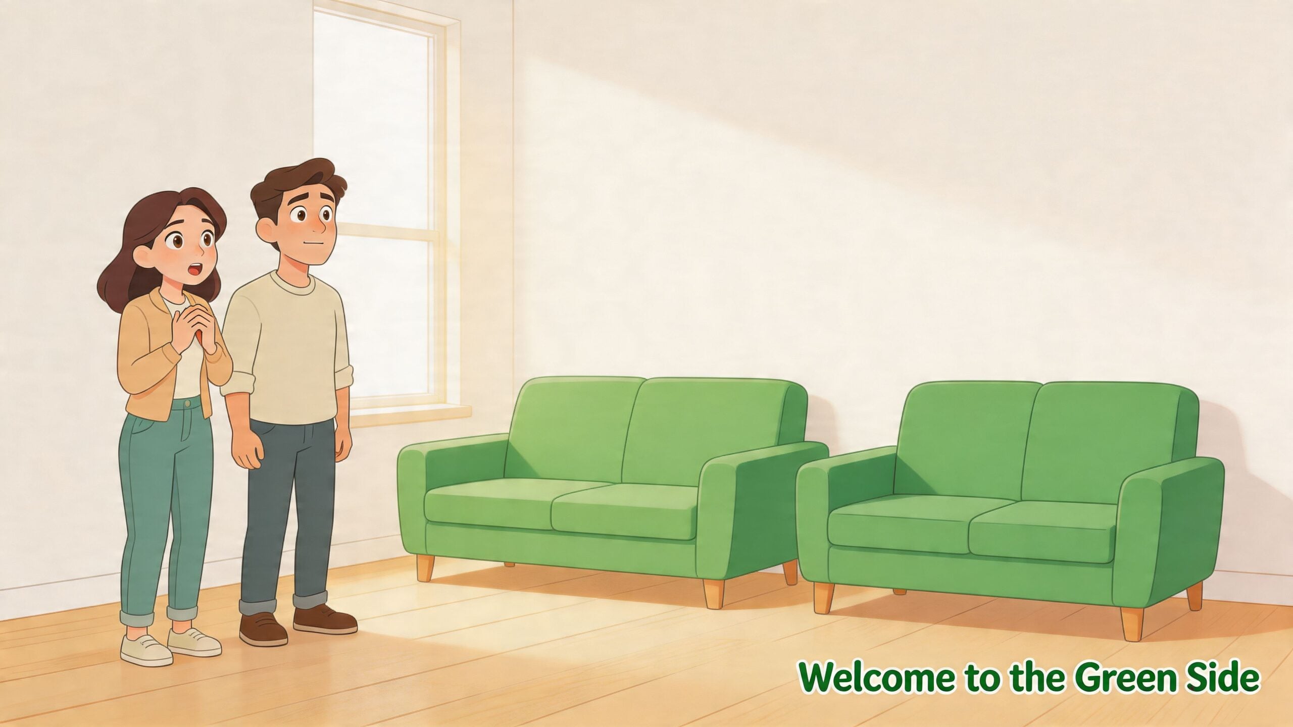 A young couple looks surprised standing in a room with a green sofa and a loveseat.
