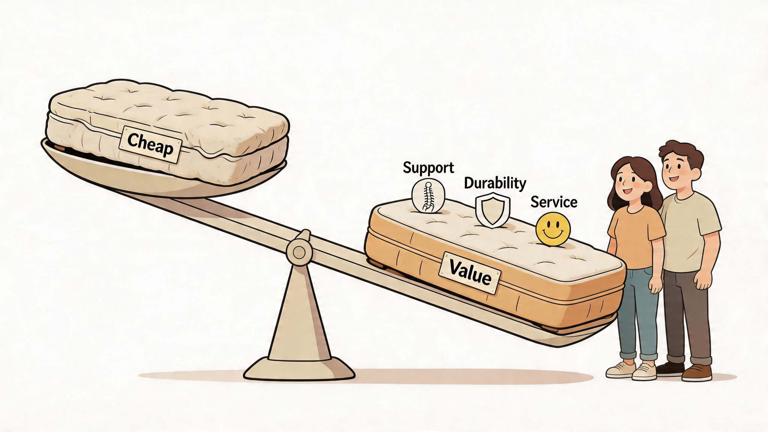 A seesaw comparing a cheap mattress to a high-value mattress with durability and support features.