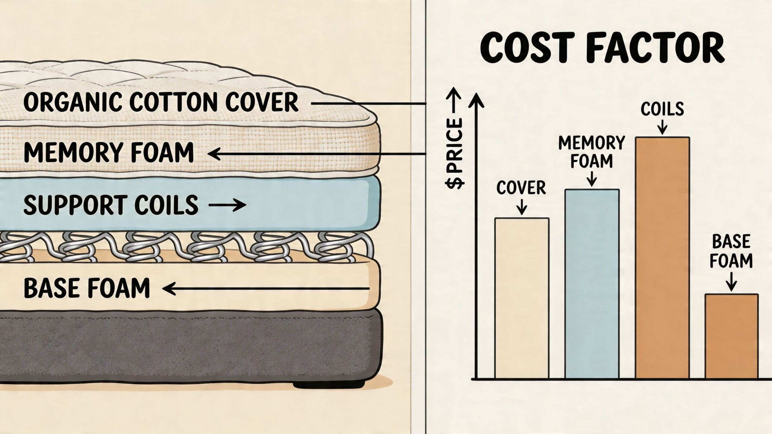 A diagram illustrating the cost breakdown of various materials used in a multi-layer mattress construction.