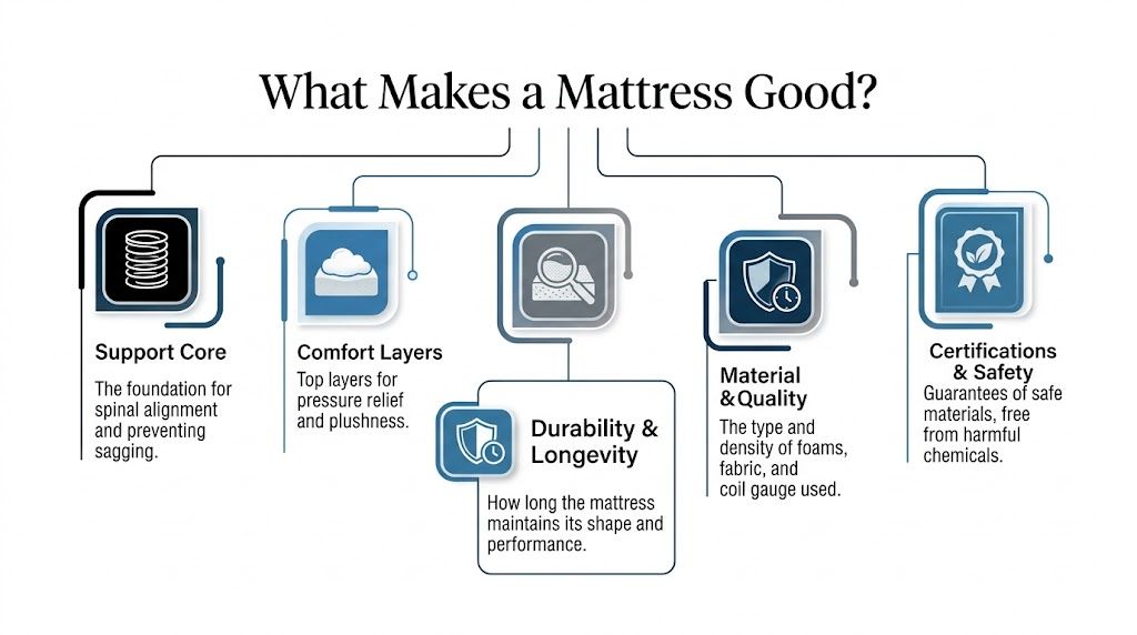 An infographic titled What Makes a Mattress Good listing five essential factors for evaluating mattress quality.