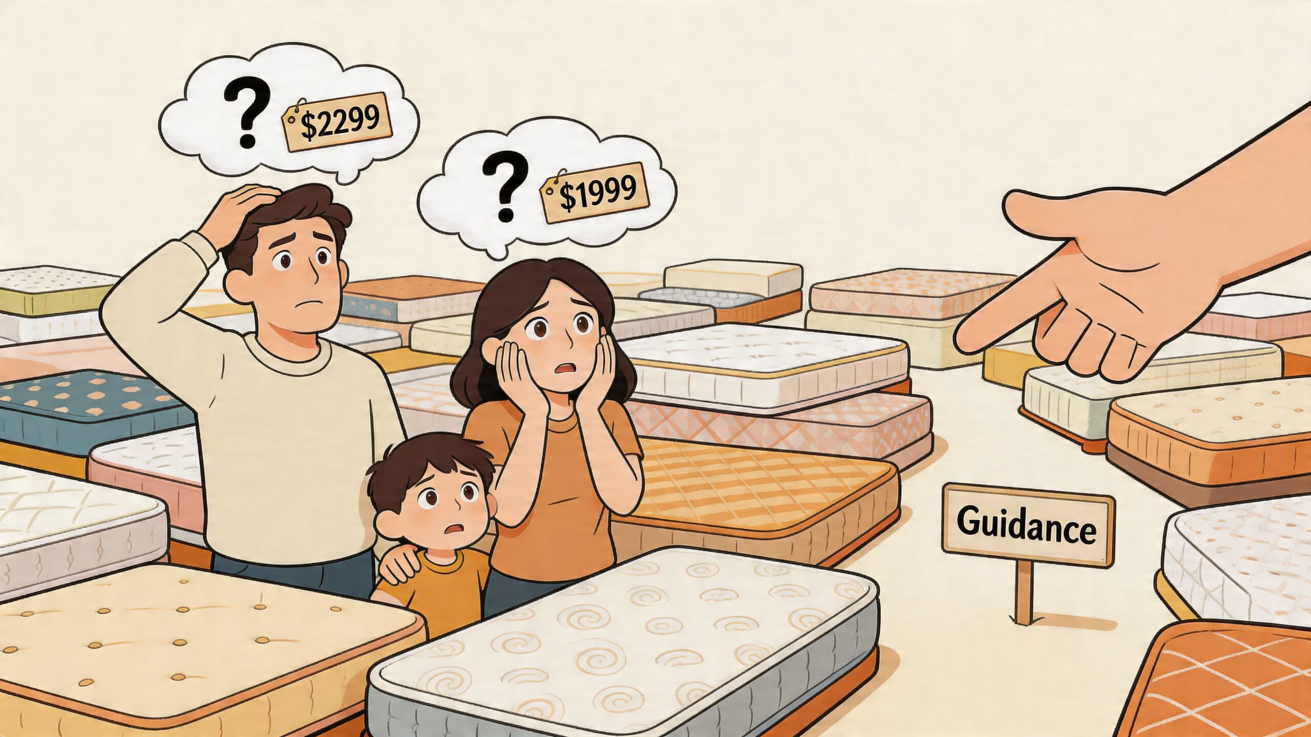 A family feeling overwhelmed and confused while shopping for mattresses with high prices at a store.